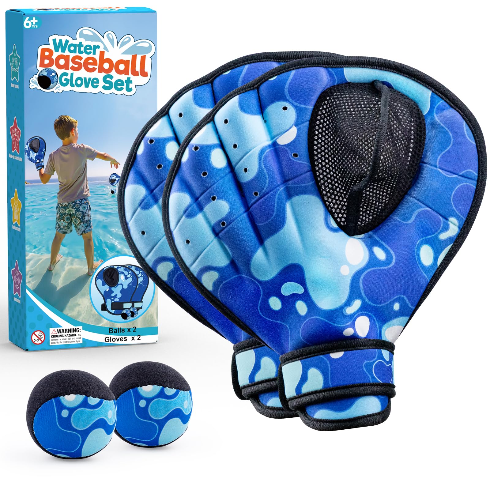 Ayeboovi Water Baseball Gloves Bouncing Ball Set, Toys for Pool Beach Lake | 2 Baseball Style Glove for Catch Skipping Ball, Games for Kids Age 8-12, Adult, Family, Birthday Gift for Boys Girls & Men