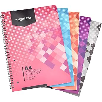 Amazon Basics Pack of 5 A4 Spiral Bound Notebook - Assorted Colours - 70 Sheets / 140 Pages - 90gsm