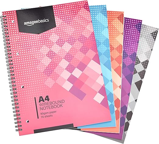Amazon Basics Quaderno con rilegatura a spirale, colori assortiti, 70 fogli/140 pagine, formato A4, 90 g/m², bianca, (confezione da 5)