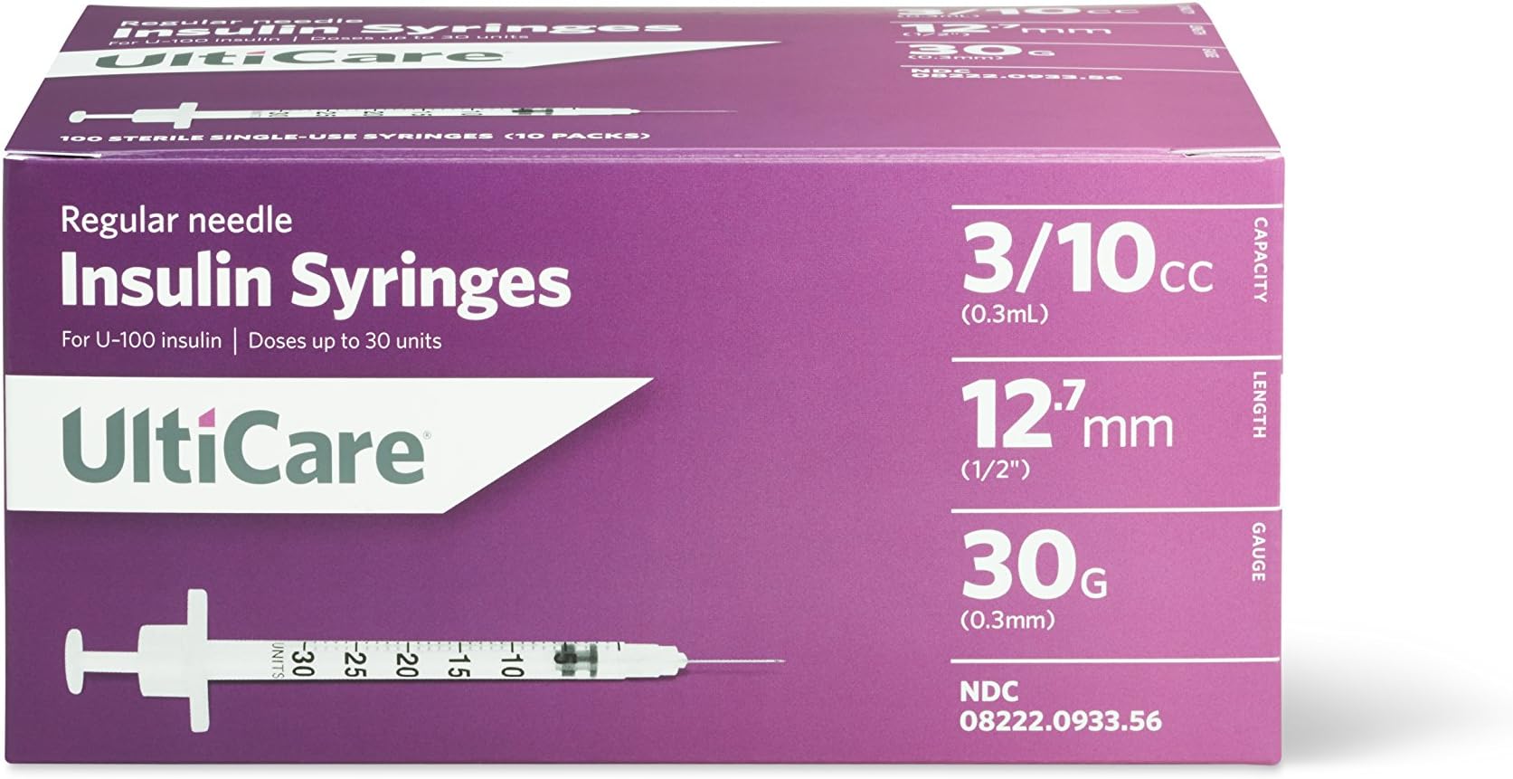 UltiCare 09335 U100 Insulin Syringe, 0.3 cc, 30 g x 1/2" (Pack of 100)