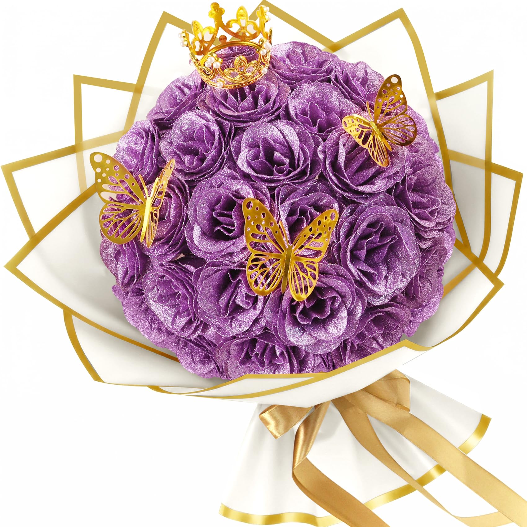 LARDUX 24 Pcs Glitter Roses Bouquet, Artificial Rose Flowers with Crown for Valentine's Day, Wedding, Anniversary, Engagement, Birthday, Mother's Day (Light Purple)
