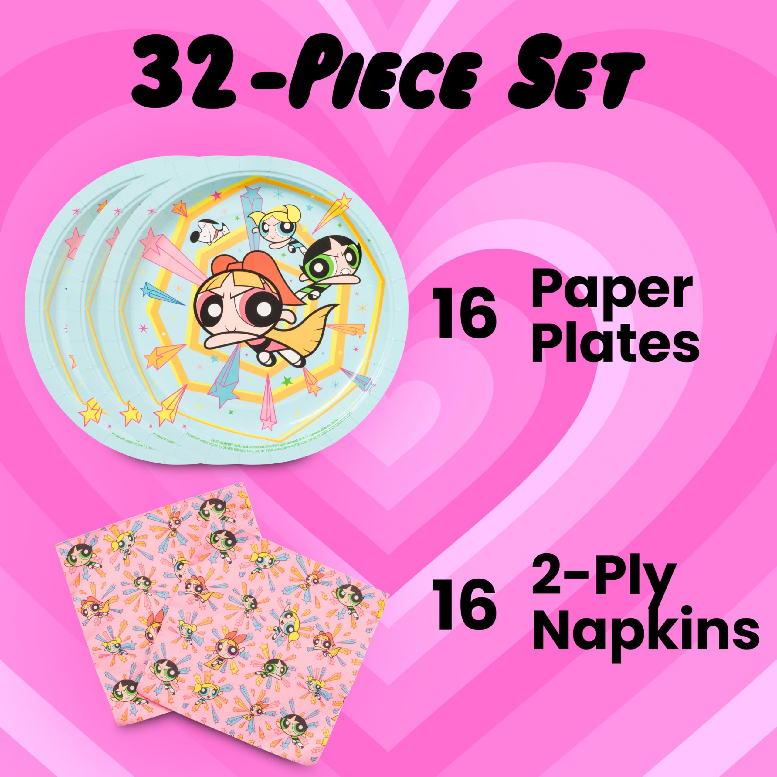 Silver Buffalo The Powerpuff Girls Featuring Blossom, Bubbles, and Buttercup 32 Pack Partyware Disposable Paper Plates and Napkins