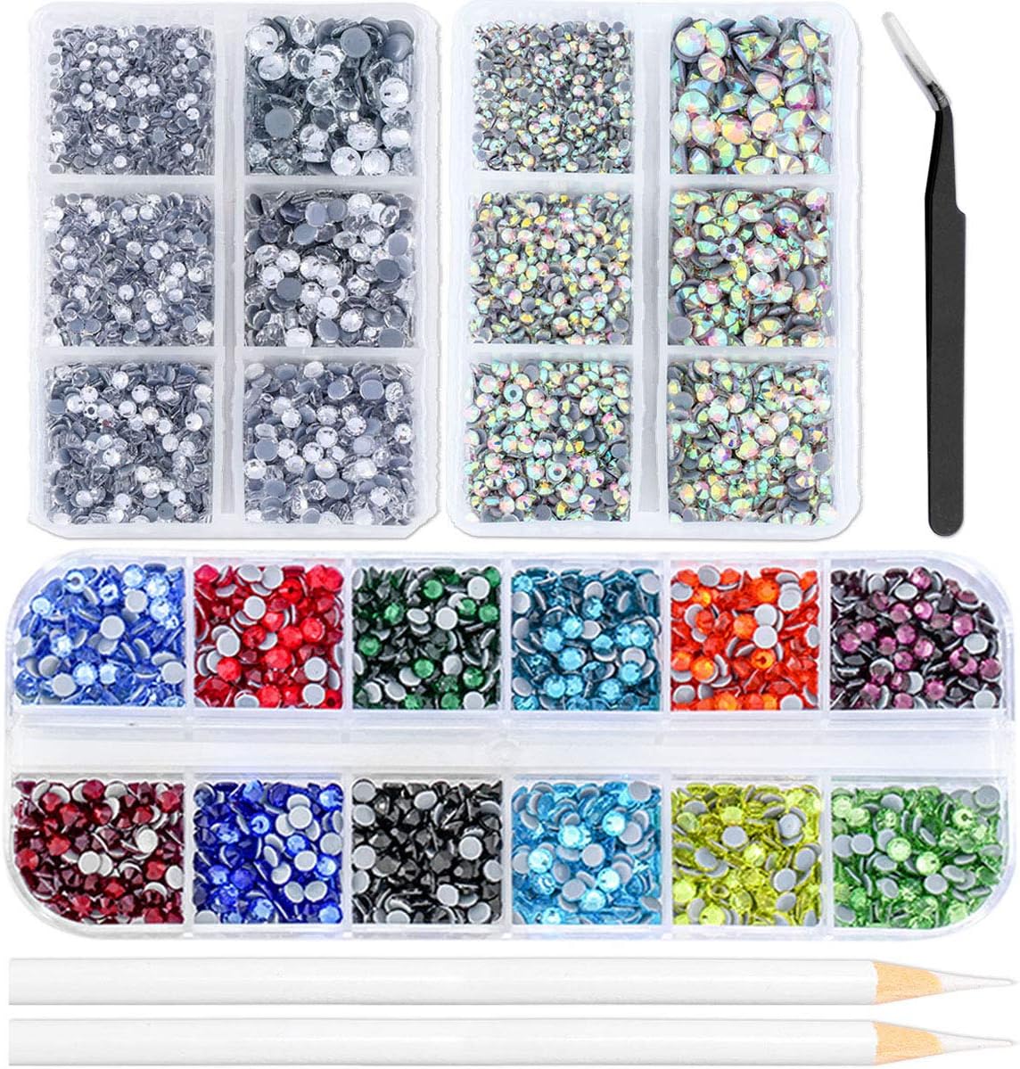 7000 PCS Hotfix Rhinestones, Flat Back Round Rhinestone Set with Crystal Clear and AB Glass Beads 6 Sizes & 12 Colours SS12 Iron On Rhinestone for Clothes Bags DIY Craft