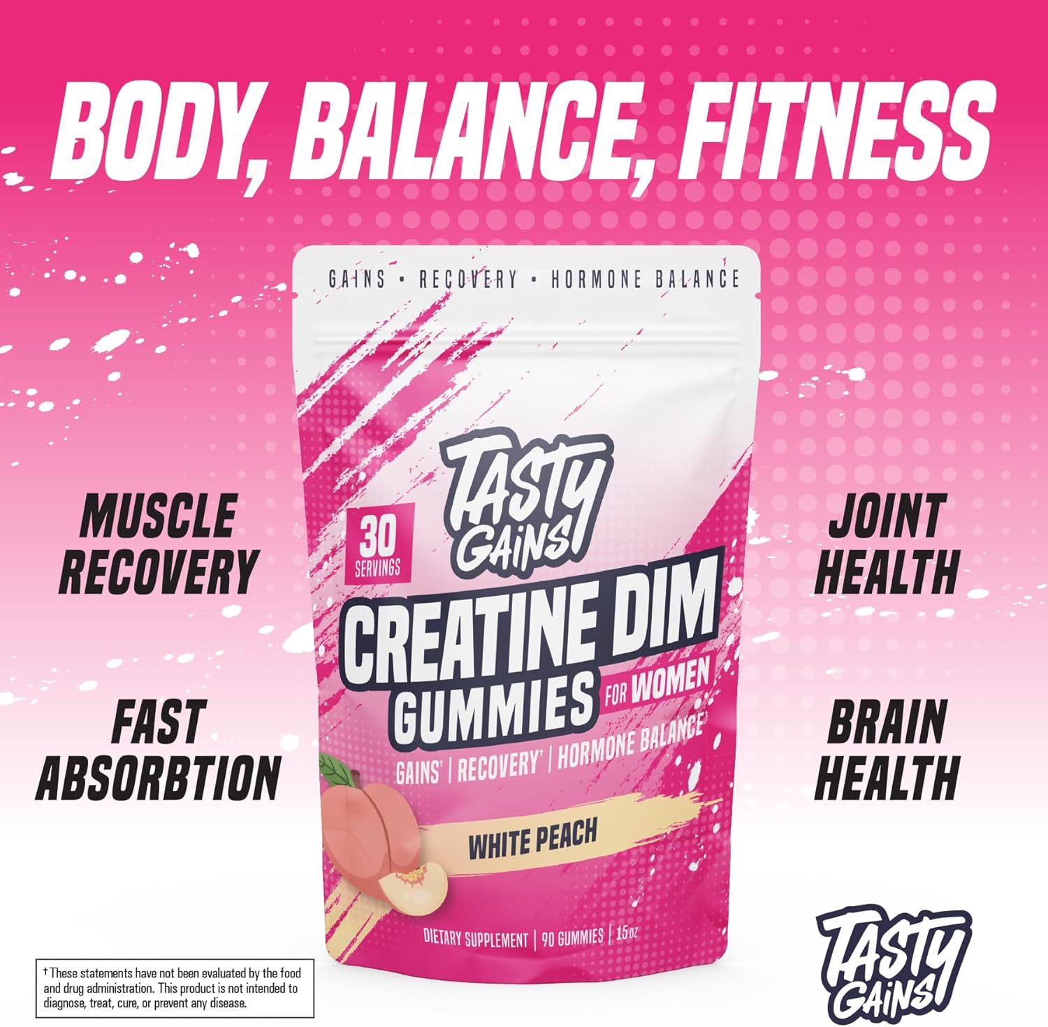 Creatine Gummies for women | 3g Creatine Monohydrate Per Serving | DIM Supplement 100 mg | Estrogen Balance for Women | Hormonal Acne, Hormone Balance, Glute Builder (90 Count, White Peach)