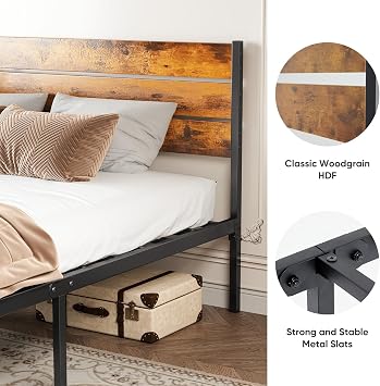 Sweetcrispy Full Size Bed Frame with Headboard and Footboard, 800LBS Heavy Duty Wood Metal Support Platform Mattress Foundation with Under Bed Storage, No Box Spring Required, Retro Brown