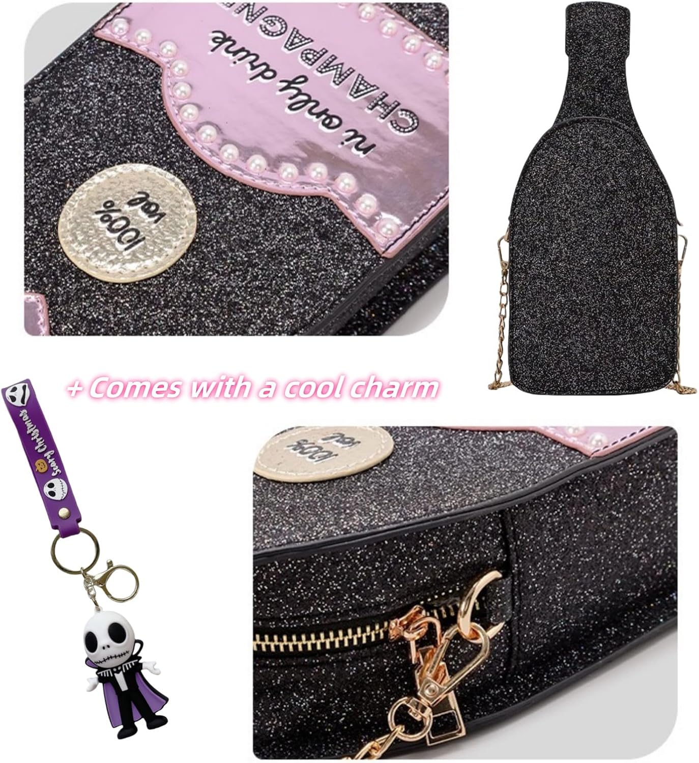 Novelty Champagne Bottle Bag,Fun Shape Purse Chainstrap Glitter,Fun Party Crossbody Bag for Women.