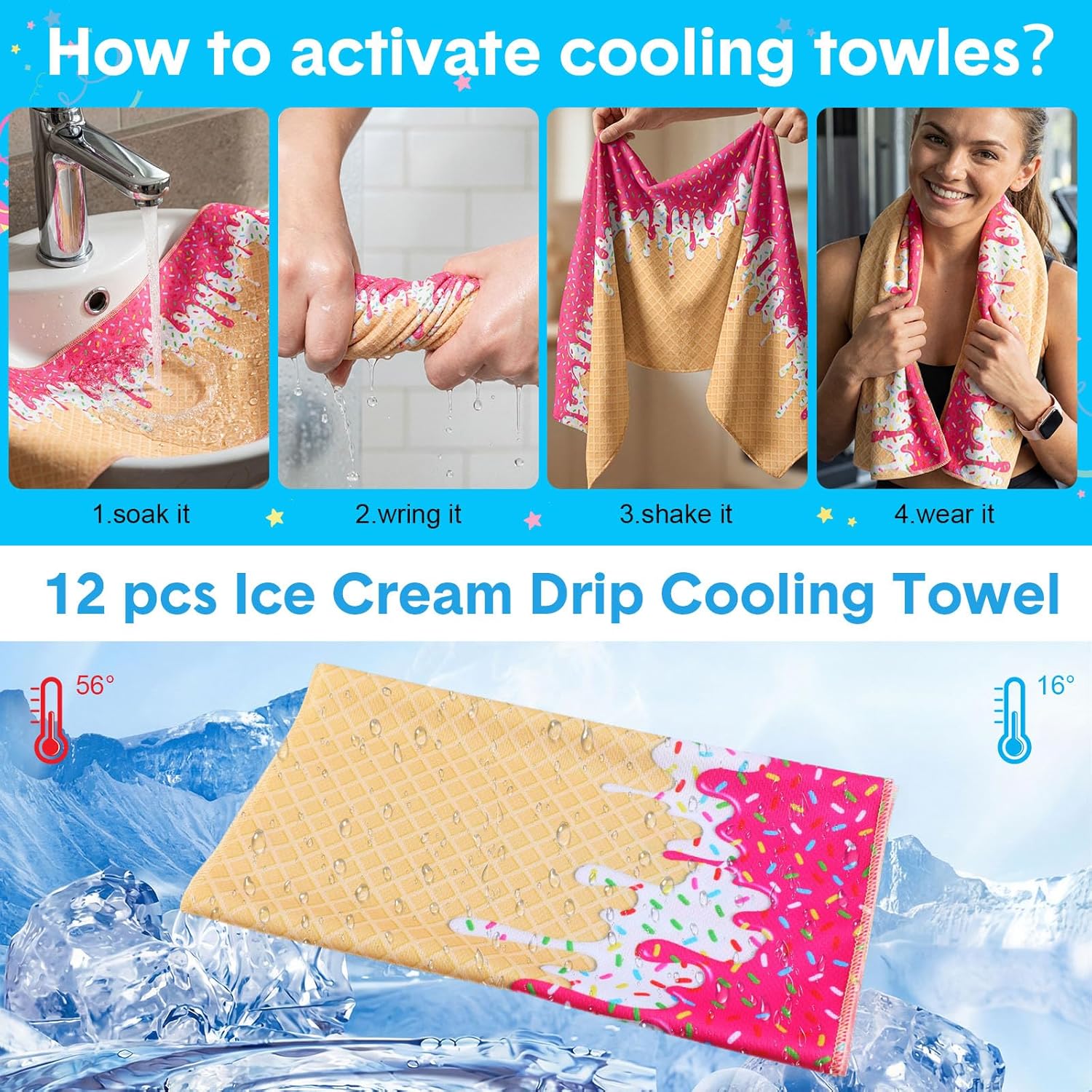 74 Piece Baseball Ice Cream Drip Party Favors Include 12 Pcs 20 oz Plastic Ice Cream Drip Water Bottles Bulk 12 Pcs 40"x12" Baseball Cooling Towels and 50 DIY Stickers for Sport Team Gift