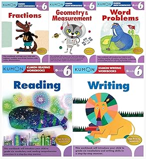 Kumon Workbooks Grade 6 Complete Set (5 Books) - Fractions, Geometry&Measurement, Word Problems, Reading, Writing