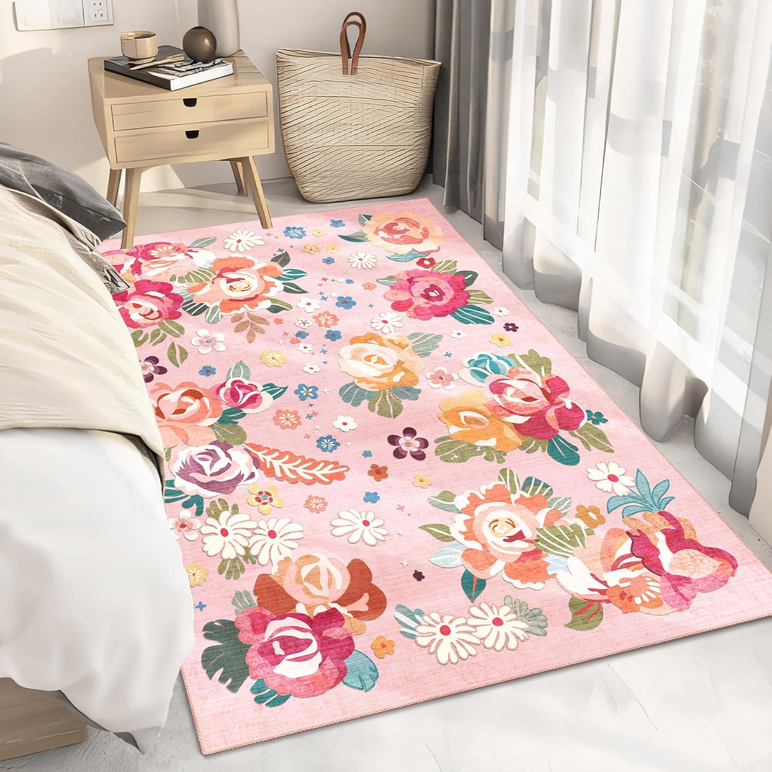 Pink Floral Rug 3x5,Boho Washable Area Rugs for Bedroom Living Room Kitchen Entryway Bedside,Small Vintage Farmhouse Bohemian Oriental Non Slip Carpet,Blush Floral