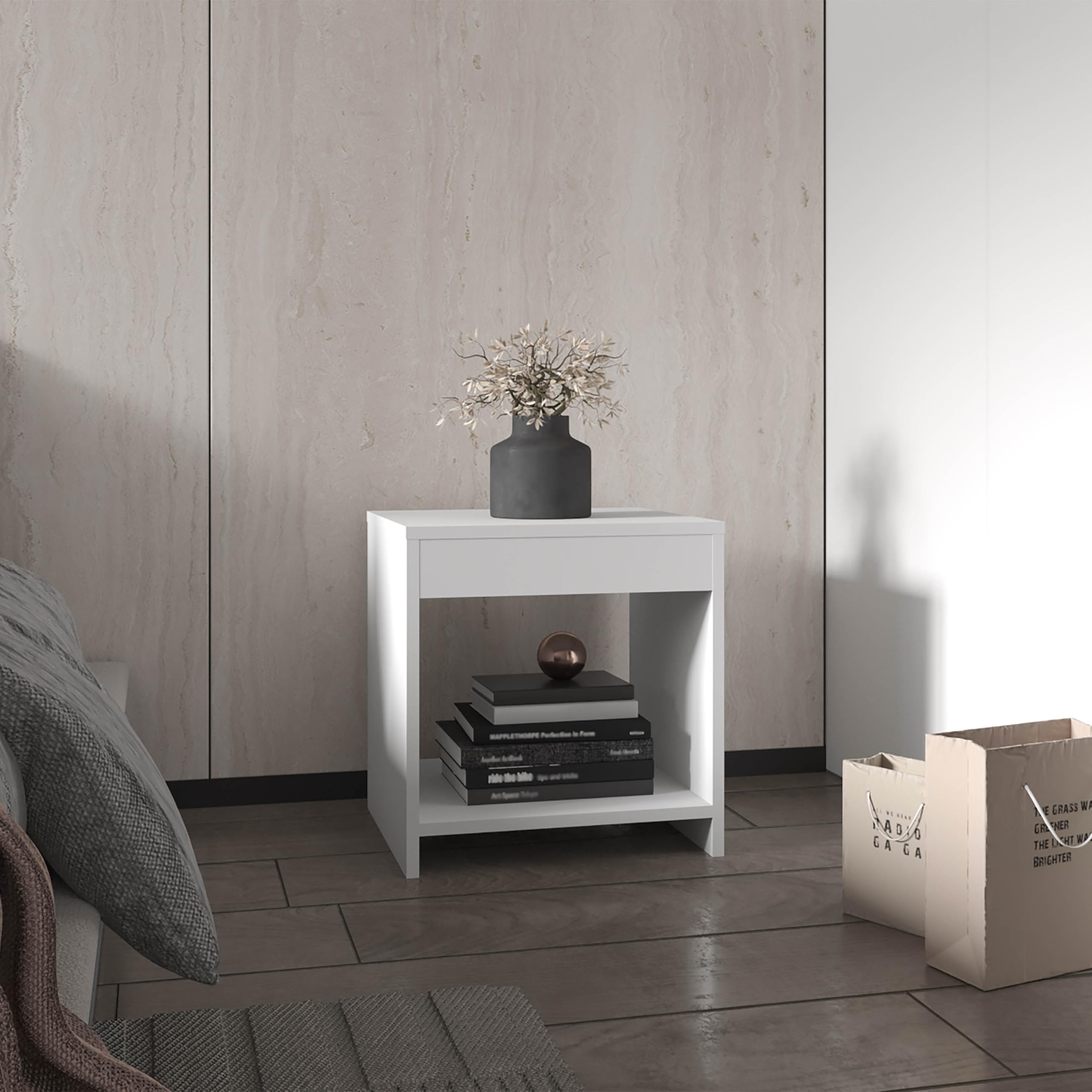 sofutoo Minimalistic Nightstand with Open Shelf - Modern Engineered Wood Design, for Small Spaces, White