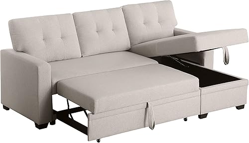 Miniatura 7 de Sofá convertible en forma de L, sillón modular de 82 pulgadas, cama extraíble tapizada reversible de lino, espacio de almacenamiento para sala de