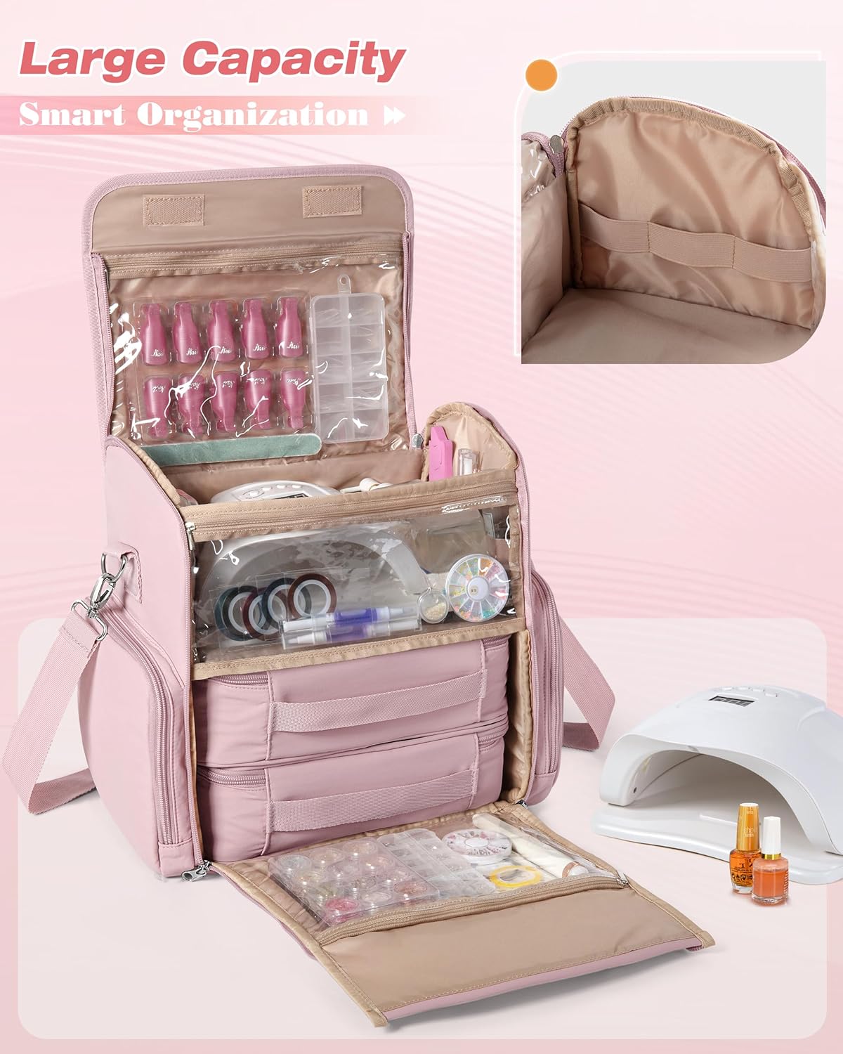 Nail Polish Organizer Bag Holds 70 Bottles and Nail Lamp, Nail Polish Storage Case with 2 Removable Bags and Multiple Pockets, Pink
