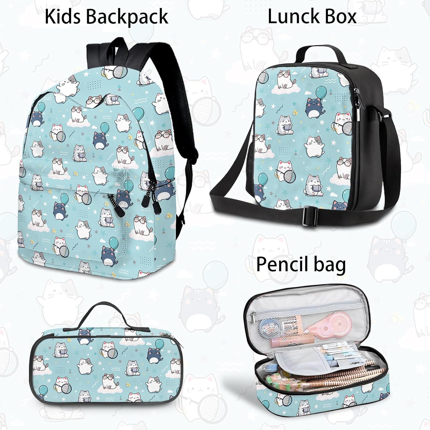 Cat Kids Backpack for School Boys, 3PCS Teen Boy Backpack with Lunch Box & Pencil Pouch Set, Shoulders Travel Daypack Lightweight School Bag Bookbag for Kindergarten Primary