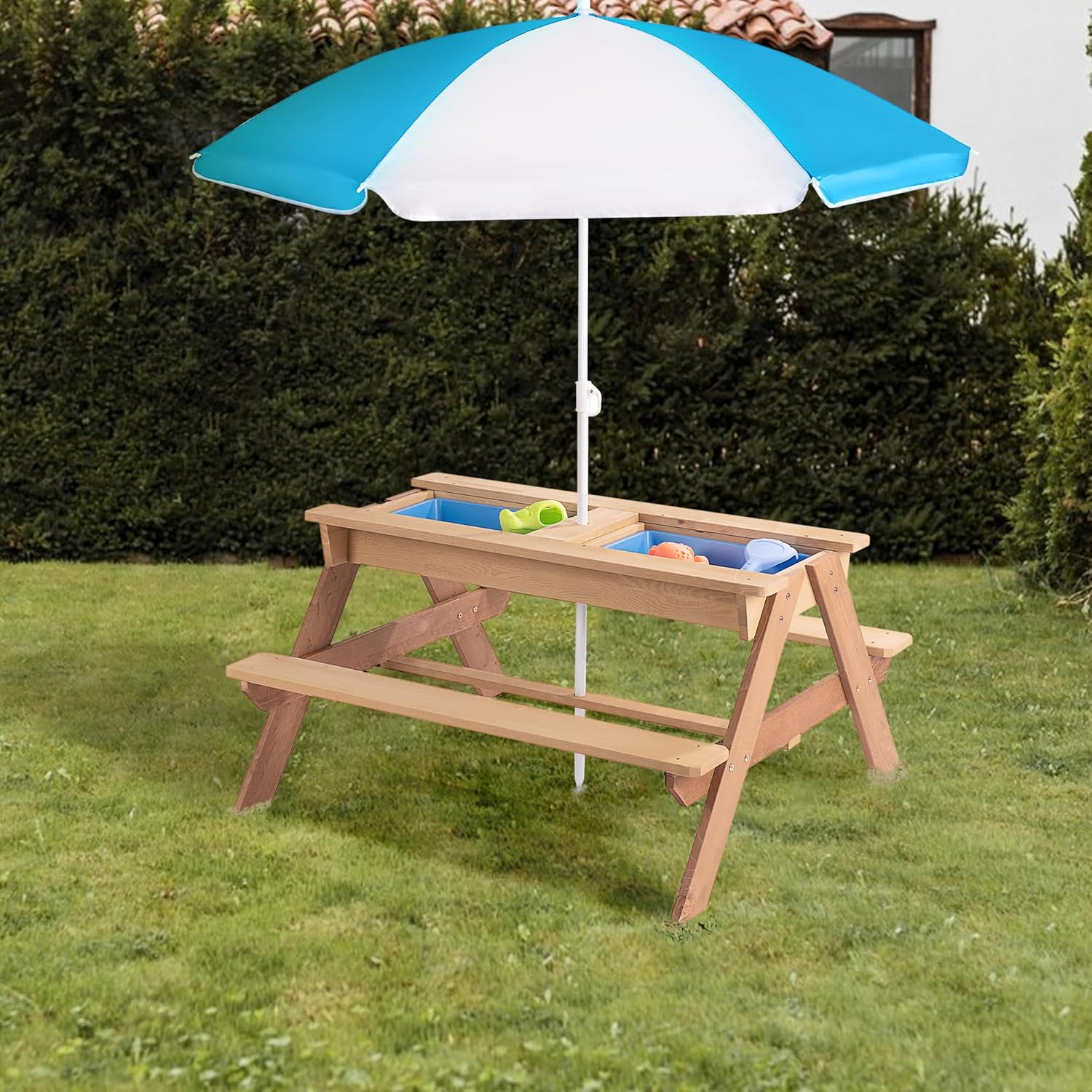 3-in-1 Kids Outdoor Wooden Picnic Table with Umbrella, Convertible Sand & Wate, Gray ASTM & CPSIA Certification
