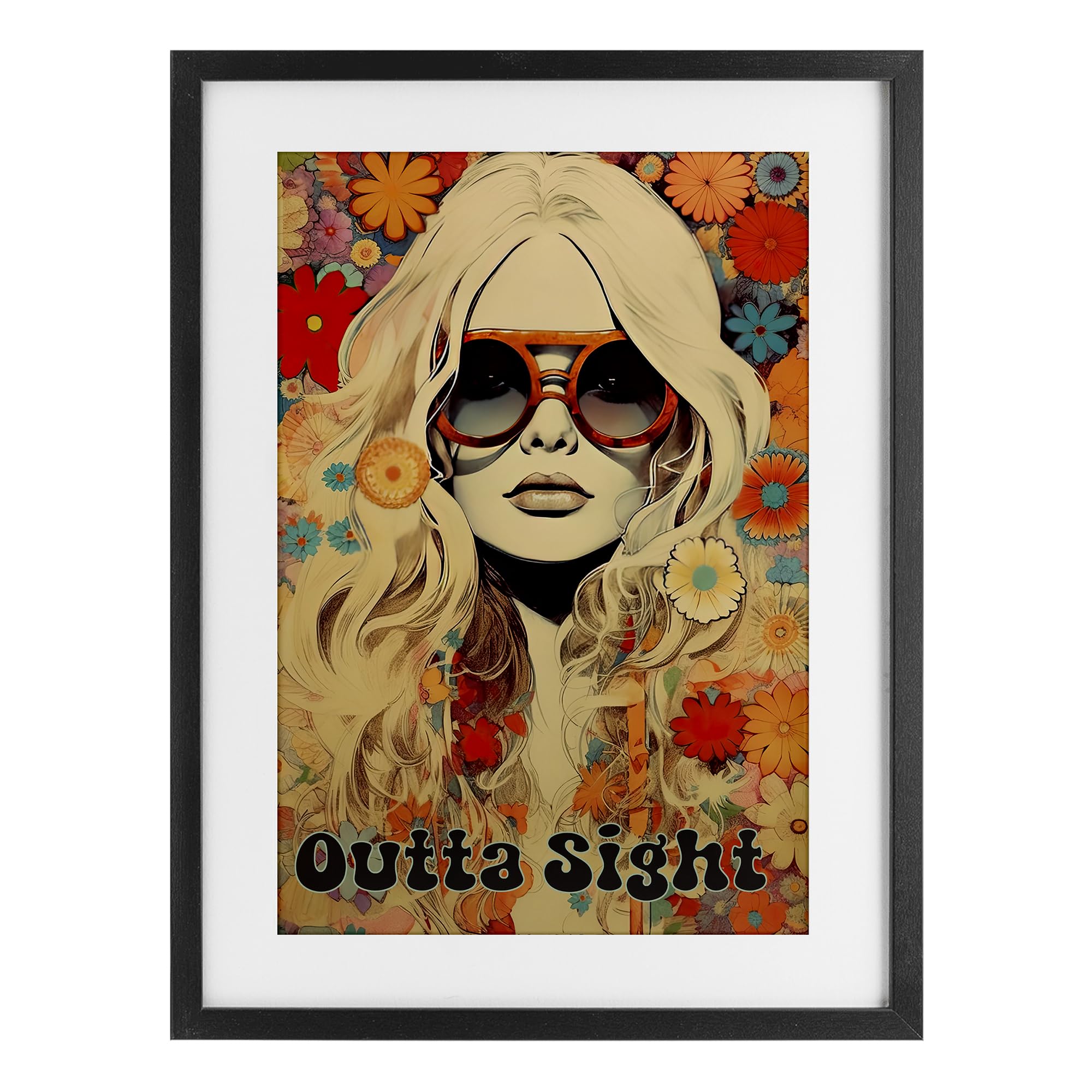 Affiche sous verre Hippie Girl Stupell Industries cadre blanc premium