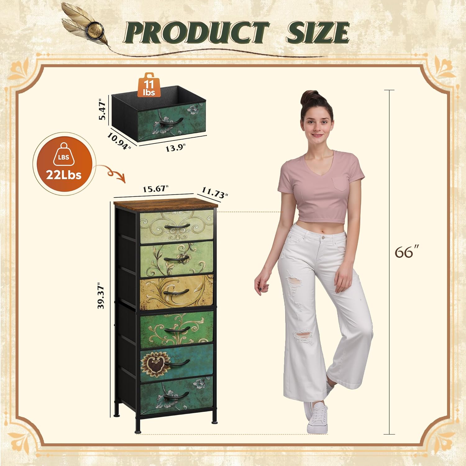 WLIVE Tall Dresser for Bedroom, 6 Drawer Dressers & Chests of Drawers, Fabric Dresser for Closet, Living Room, Night Stand with Metal Frame, Storage Tower with Fabric Bins, Wood Top, Floral Painted