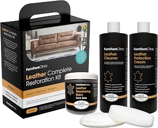 Furniture Clinic Leather Complete Restoration Kit | with Leather Recoloring Balm, Cleaner, 2-in-1 Protection Cream & Conditioner, Sponge, and Cloth | Repair Kit for Furniture (Dark Grey)