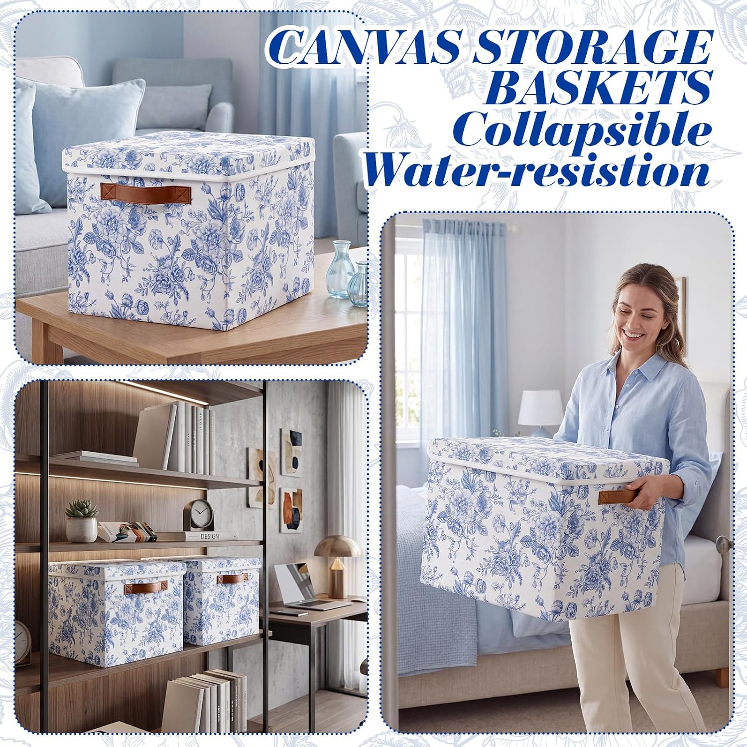 Domensi 2 Pack Large Fabric Storage Bins with Lids, 14x10x9.5 Inch Blue Floral Decorative Closet Organizer with Leather Handle Stackable Folding Clothing Storage Boxes for Bedroom Shelves(Lidded)