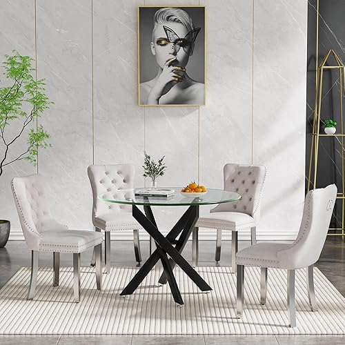 Miniatura 4 de Mesa de comedor redonda de vidrio de 36 pulgadas para 2-4 personas, patas de metal negro resistentes, mesa de cocina redonda de vidrio para