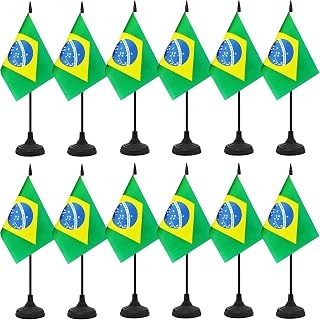 12 Pack Brazil Desk Flag Set, Brazilian Table Office Flag, Small Miniature Desktop Flag With Black Pole and Black Base, Classroom, Offices Meeting Desk Decoration (Brazil)