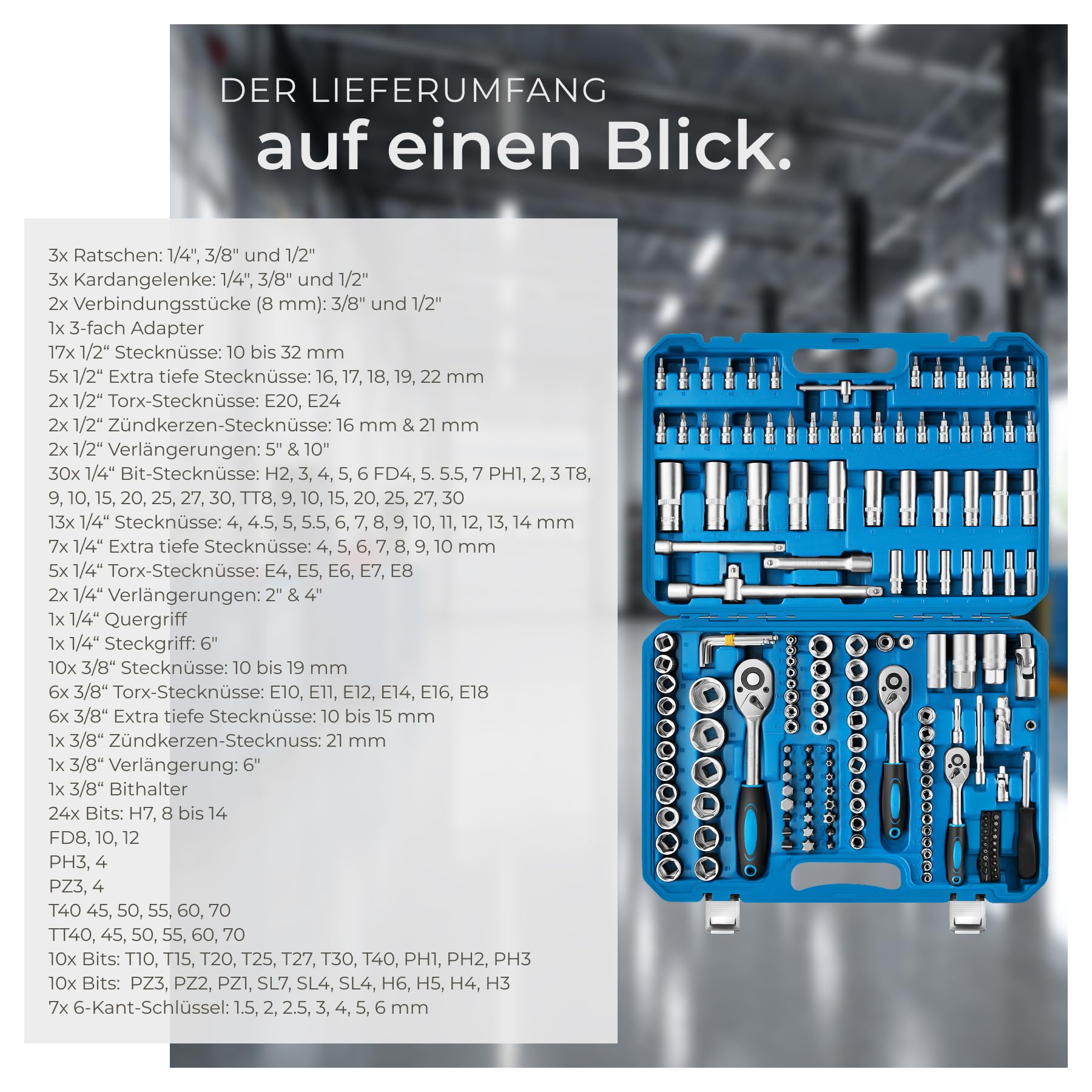 tectake® 171 tlg. Knarrenkasten 1/4, 3/8 und 1/2 Zoll Nusskasten, Ratschenkasten, Steckschlüssel Set, Werkzeugkoffer gefüllt, Ratschenschlüssel Set, Werkzeug Set aus Chrom Vanadium Stahl, Heimwerken