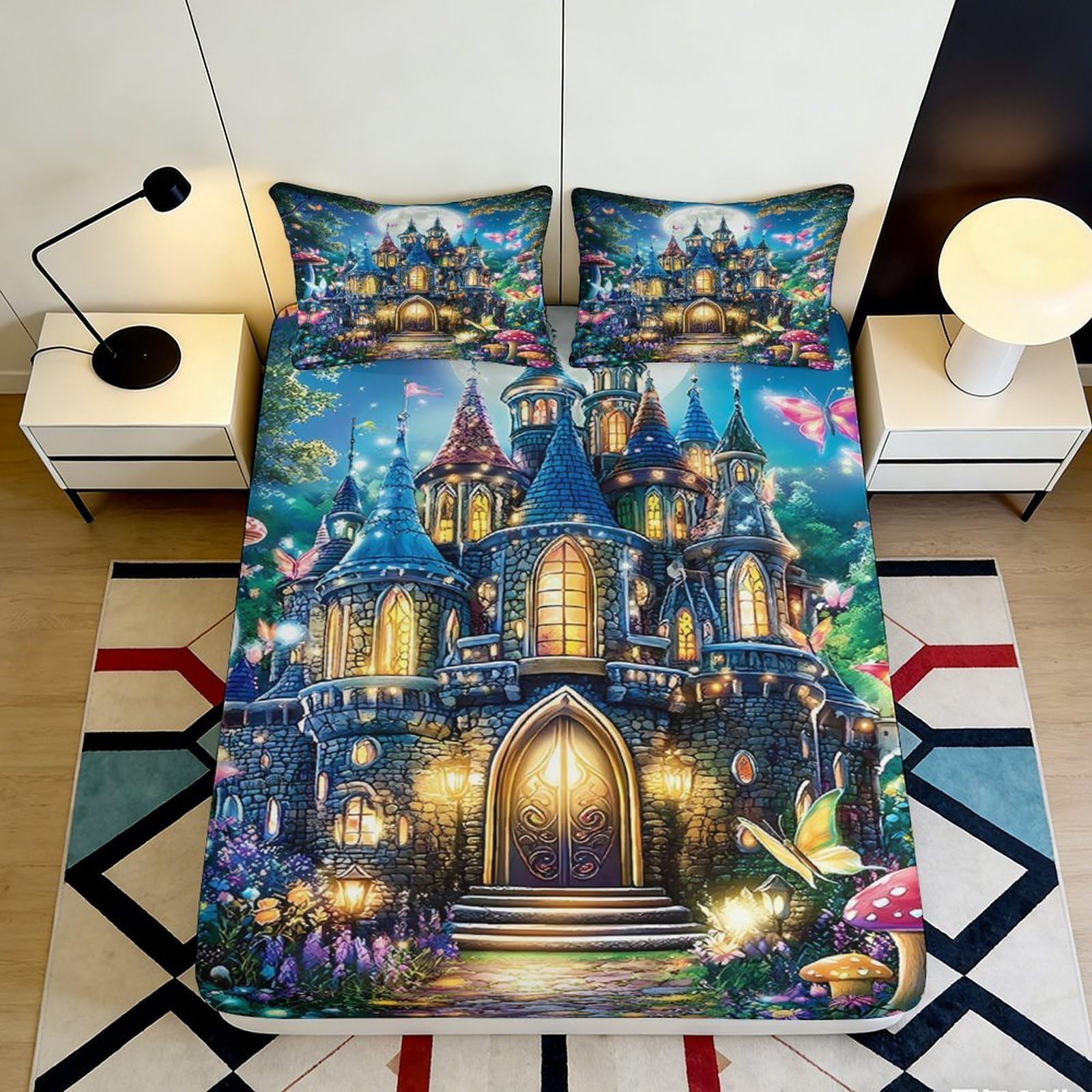 Pnayamiorkfel Style-5 3D Printed Fantasy Castle Fitted Sheet Microfiber Soft Fairy Tale Bed Cover Decorative For Bedroom Guest Room 90X200x25cm