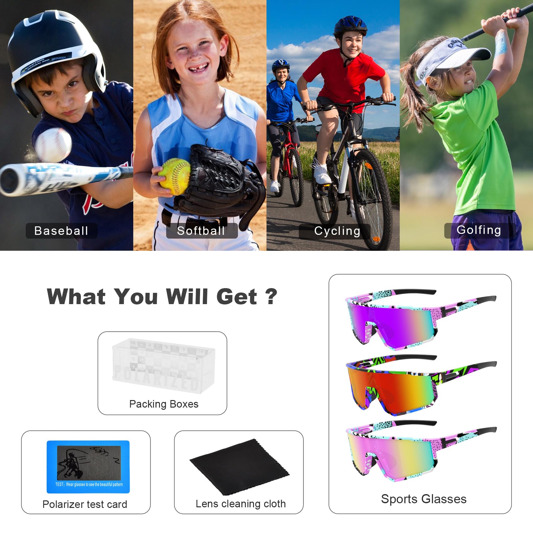 Gafas de sol de béisbol juveniles, gafas de sol deportivas polarizadas para niños, gafas de protección UV400 para niños y niñas, sóftbol y ciclismo