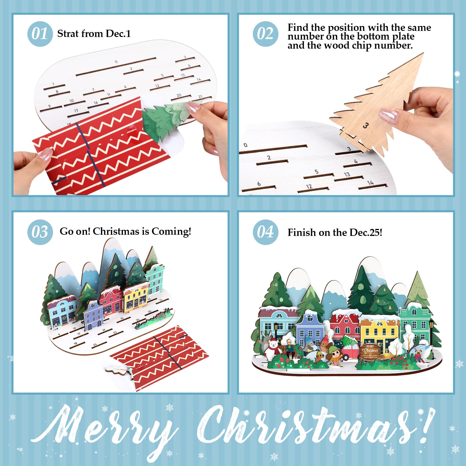 Colingmill Adventskalender aus Holz, Weihnachts-Countdown-Geschenk-Set mit 25 Geschenkumschlägen für Tisch Fenster Dekor Regale Tisch Mittelstücke Dekoration (Weihnachtsdorf)