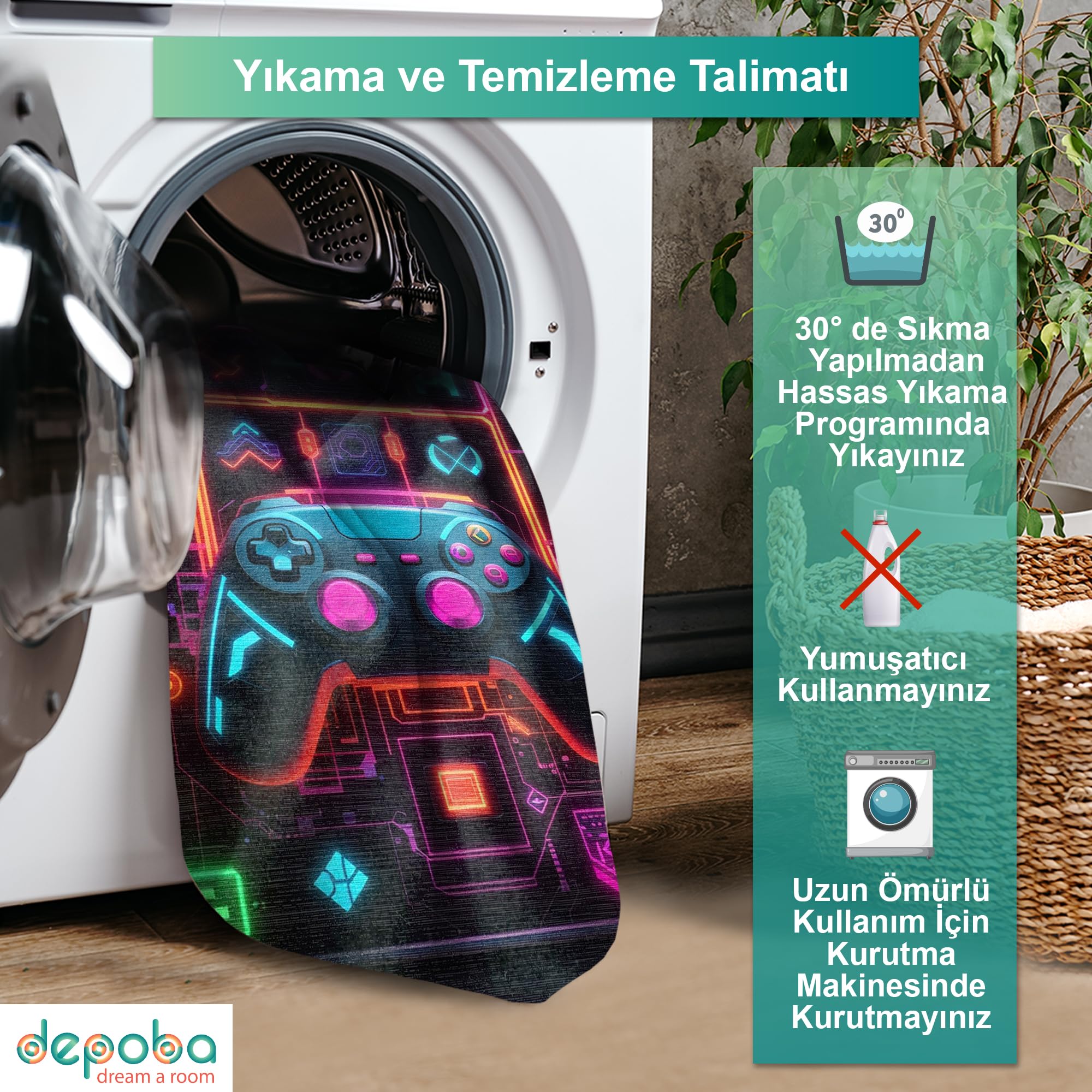 Depoba Nolane Kadife Oyuncu Odası Halısı Kaymaz Pamuk Tabanlı Yıkanabilir Antibakteriyel Gamer, Gaming Halısı 200x300