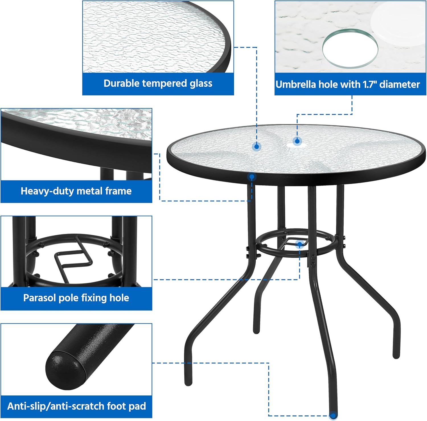 Topeakmart Outdoor Patio Round Bistro Table 27.5in, Tempered Glass Top with Umbrella Hole for Balcony Backyard Lawn Balcony Pool Black