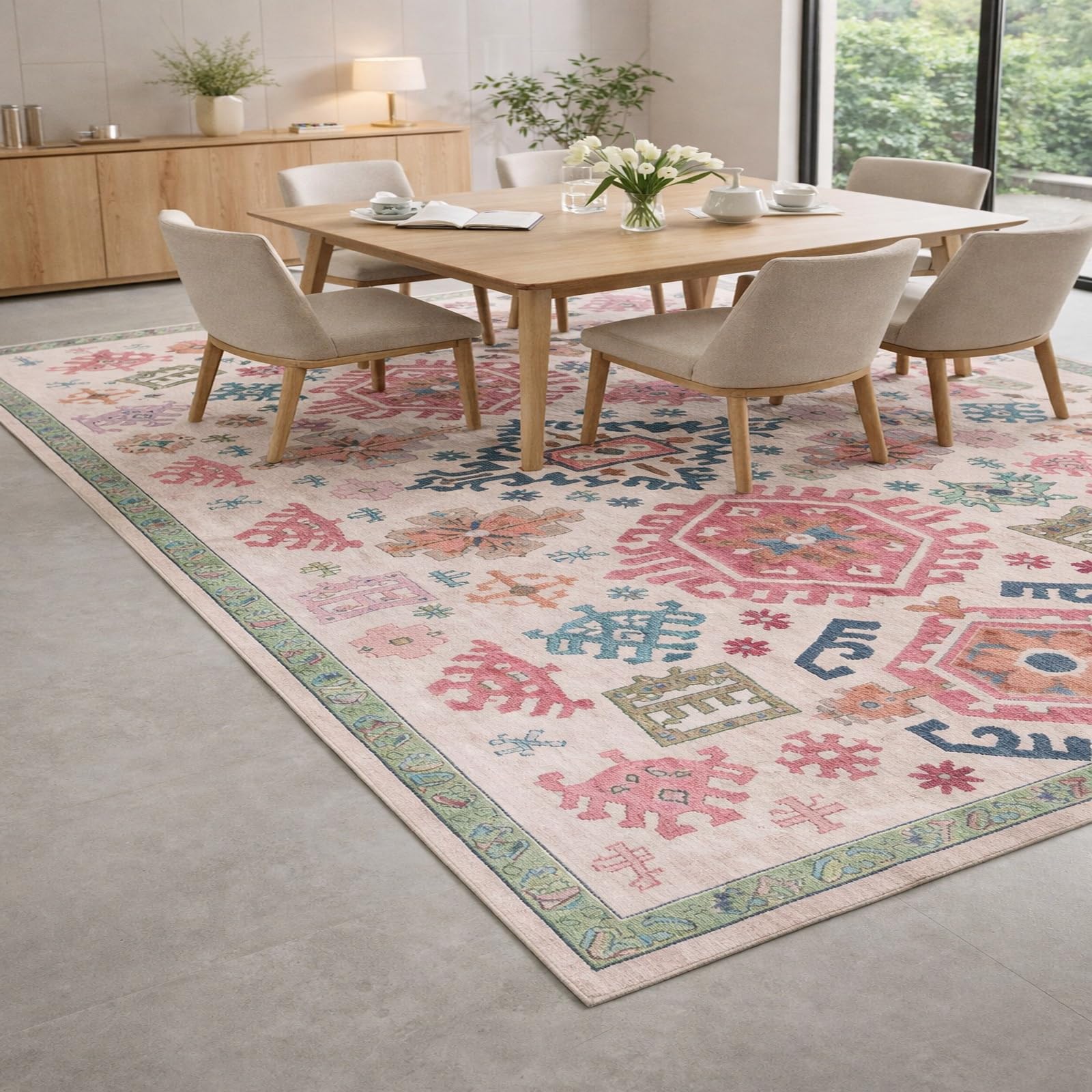 Rug for living room beige et rose facile à nettoyer pour salon