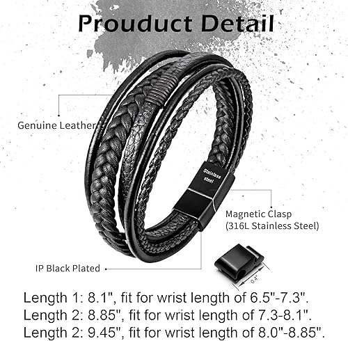 Miniatura 6 de Speroto Pulsera ajustable de cuero para hombre con cierre de acero inoxidable, multicapa trenzada de cuero genuino para hombres y mujeres
