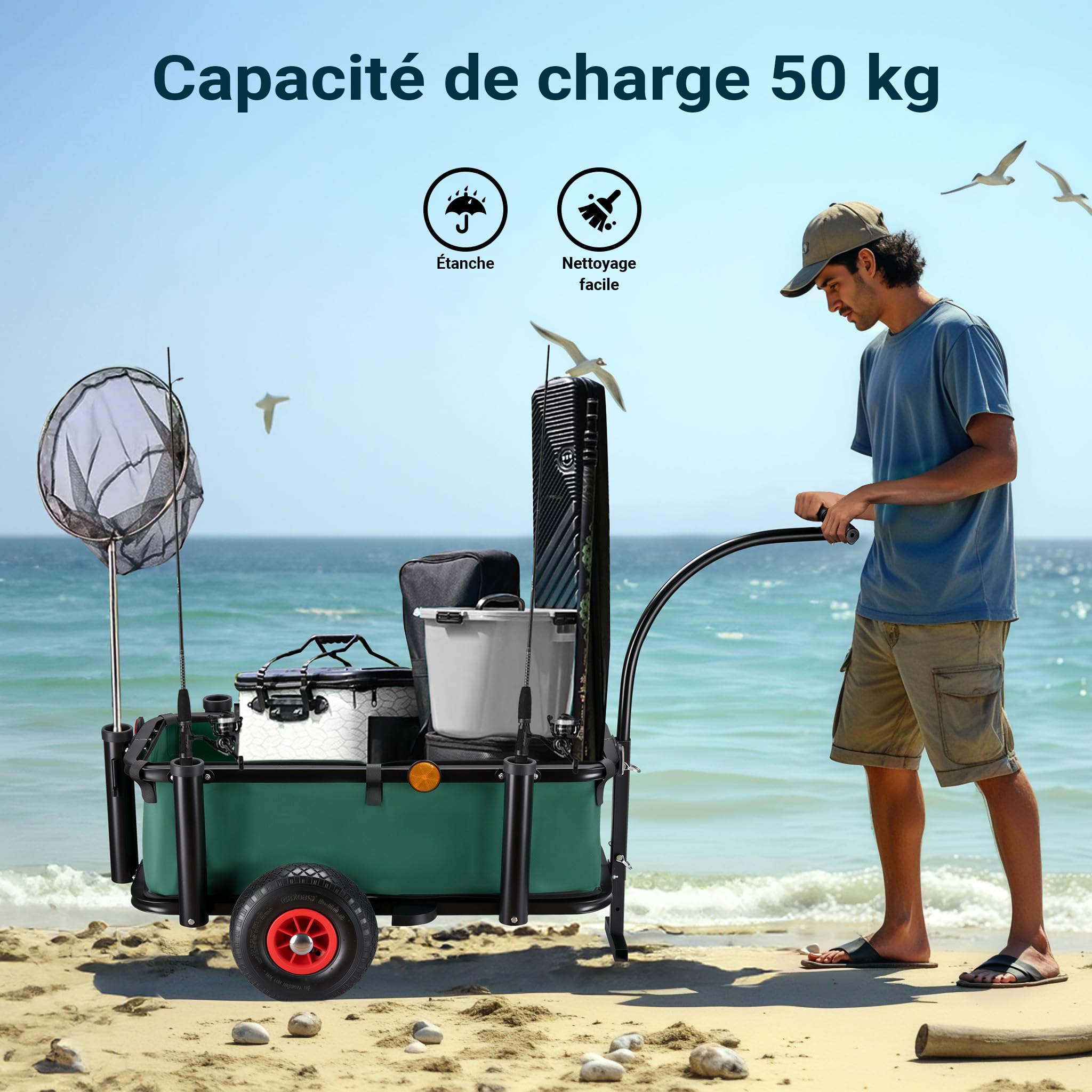 Chariot de pêche Vert Noir 1600 x 500 x 800 mm Charge 50 kg Remorque de Vélo Diable Transport Matériel de Pêche Charrette de manutention Activités extérieures