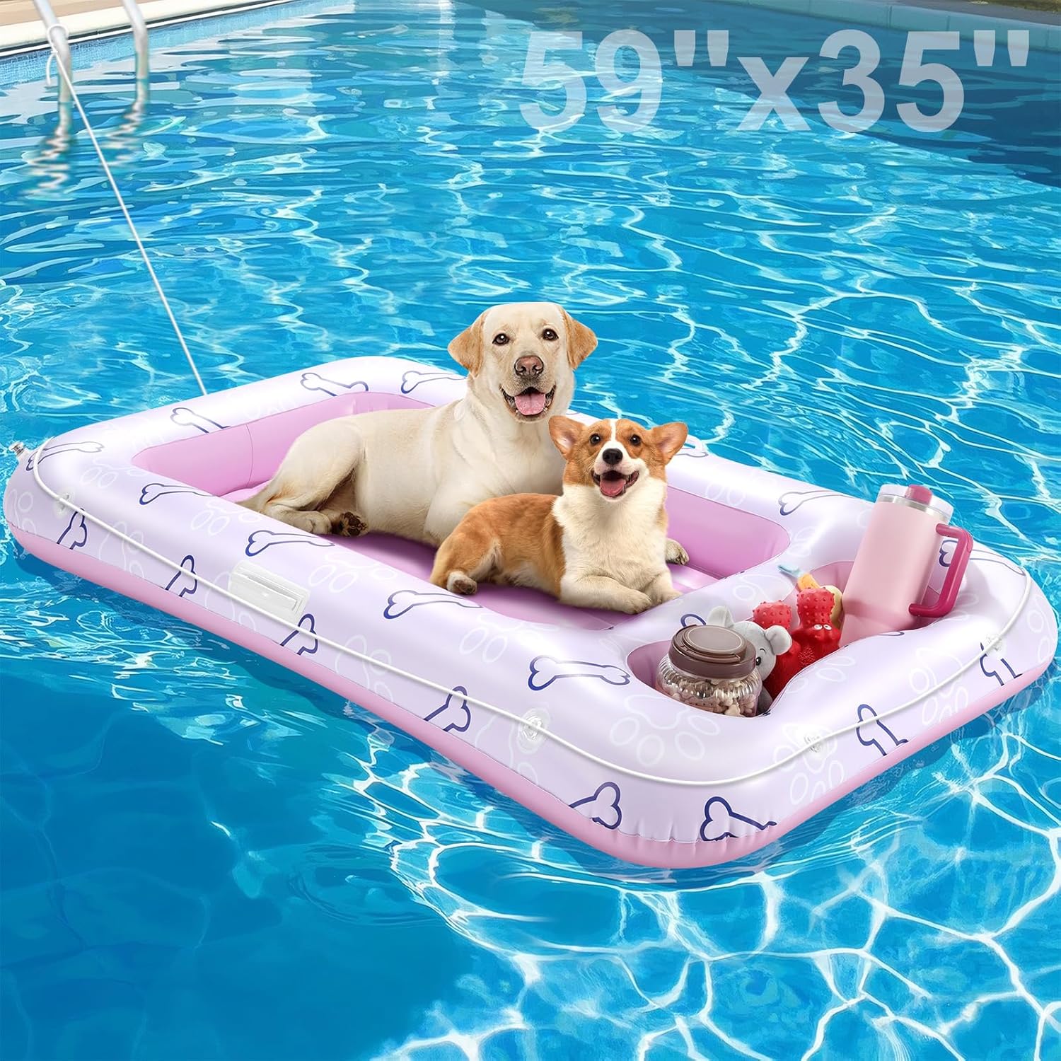 Pawaboo Dog Pool Float, 59 x 35 Inch Inflatable Pet Pool Floats for Small Medium Large Dogs 220 lbs, Dogs Raft Float for Pool with Dual Handles Snack Area, Dog Floating Lounger for Beach Lake, Blue