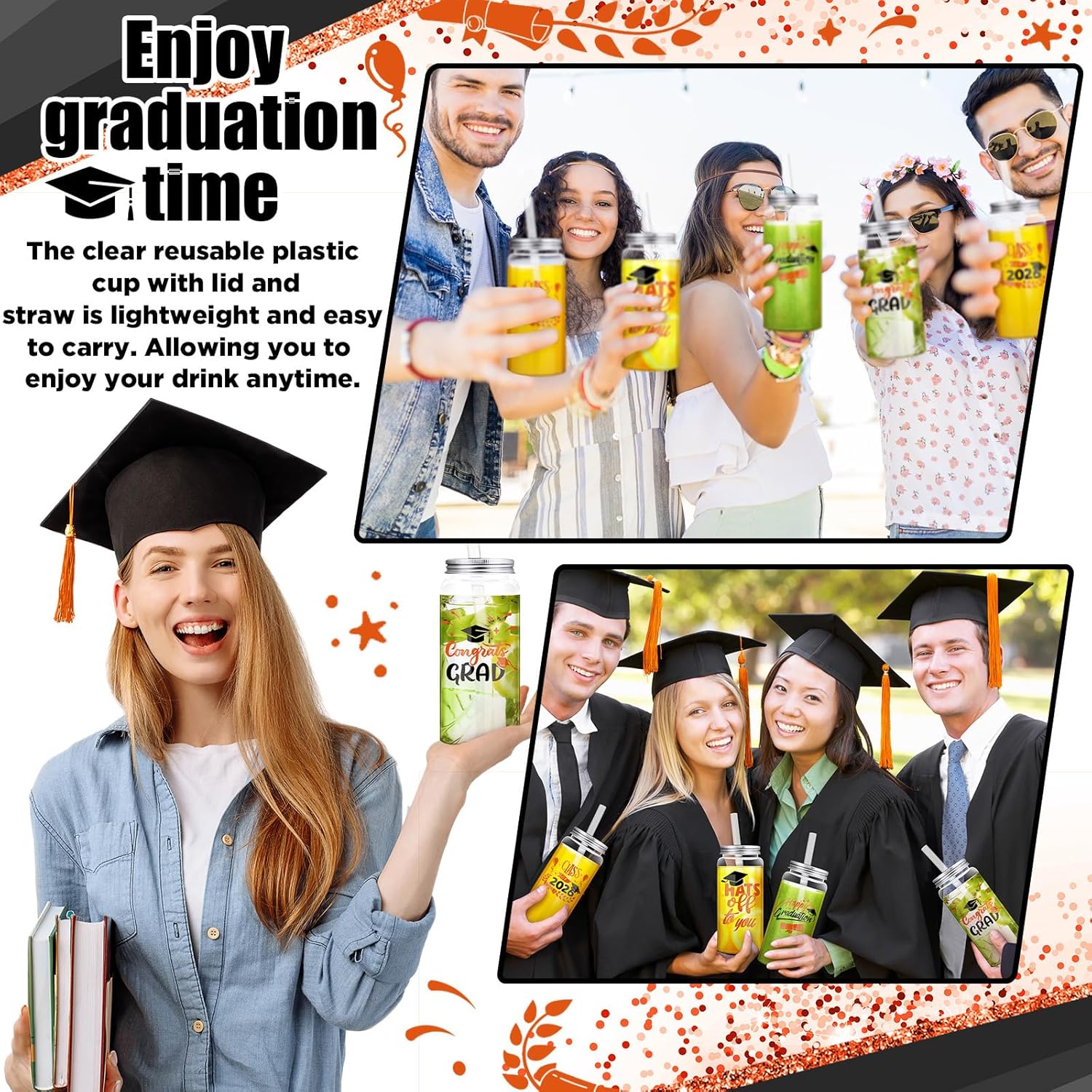 24 Pcs Graduation Cups with Straws Bulk 13.5 oz Class of 2026 Plastic Mason Jars Reusable Tumbler Coffee Tea Hot Cocoa Beverage Happy Graduation Tumbler for Congrats Grad Party Gifts(Orange)