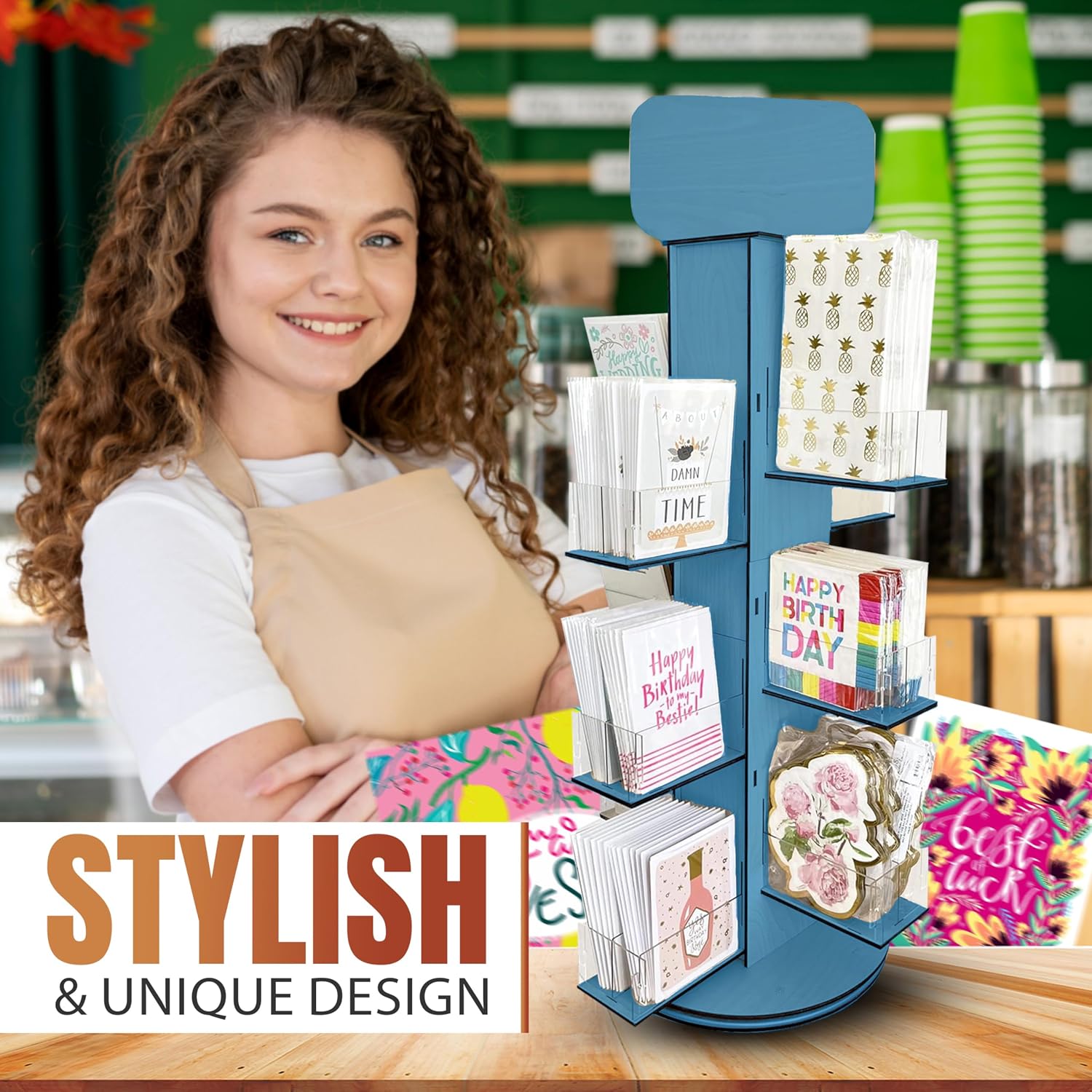 4-Sided Rotating Display Stand - Stationary, Greeting Cards, Stickers, Postcards, Coasters, Napkins - Heavy-Duty, Smooth Rotation, Easy to Assemble, Craft Shows, Trade Shows, Farmers Markets (Blue)