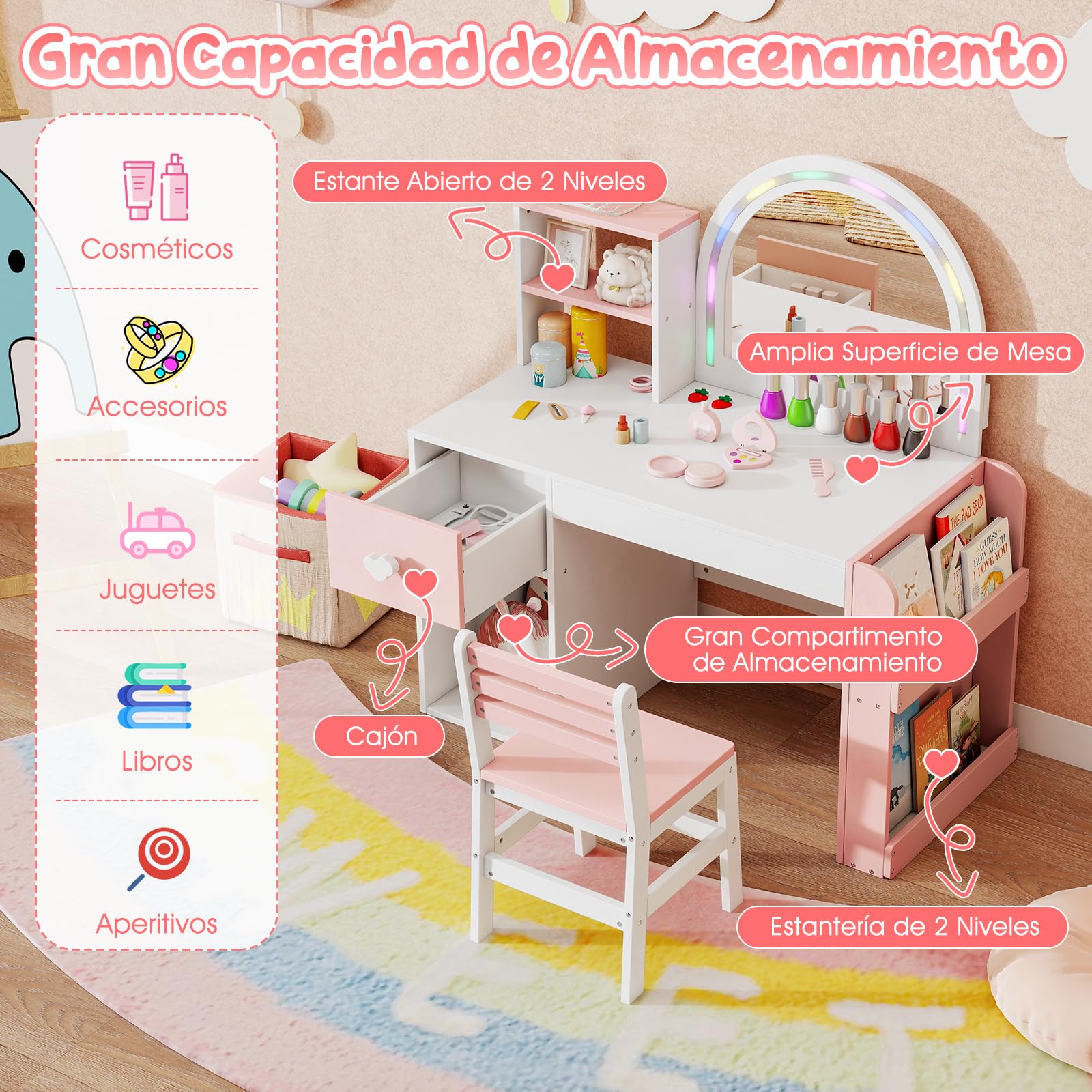 COSTWAY Tocador de Maquillaje Niña, Tocador Niña con Silla Ergonómica, Espejo Iluminado, Estantería de 2 Niveles y Cajón de Almacenamiento, Juego de Mesa de Maquillaje para Niños de 3+ Años (Blanco)