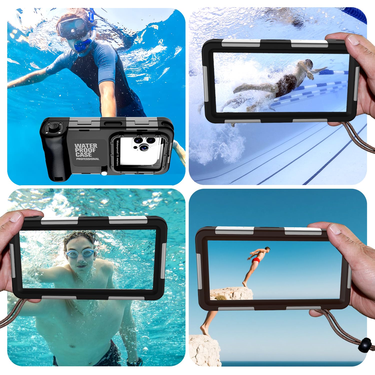 Custodia subacquea impermeabile per snorkeling e immersioni per iPhone 16/15/14/13/12/11 Pro Max 15m/50ft Custodia impermeabile professionale per immersioni subacquee Custodia per foto e