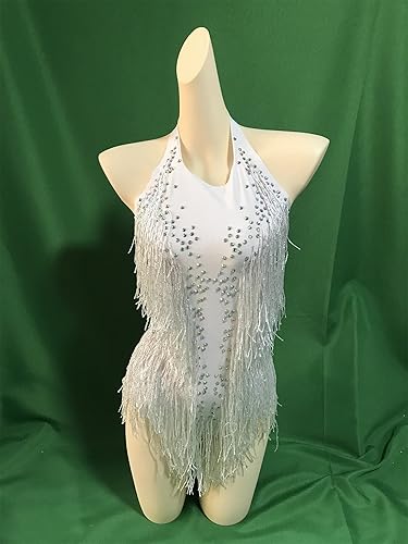 Miniatura 7 de Body blanco brillante con diamantes de imitación para mujer, traje de drag queen, trajes de baile con flecos