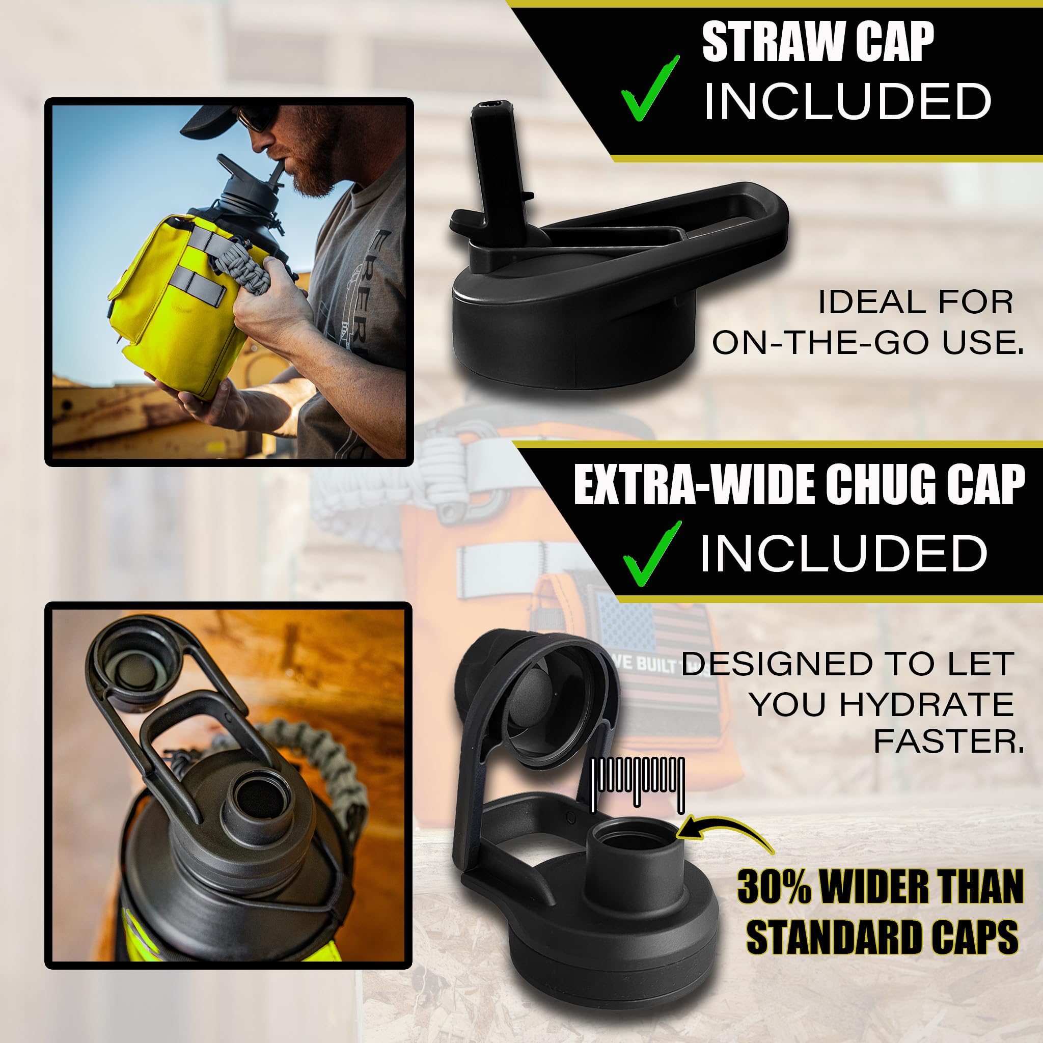 Workforce Bottle – Borraccia termica da 1,8 litri, con manico in paracord, grande brocca in acciaio inox da 1,9 l, robusta custodia rimovibile per chiavi, portafogli, telefono (giallo)