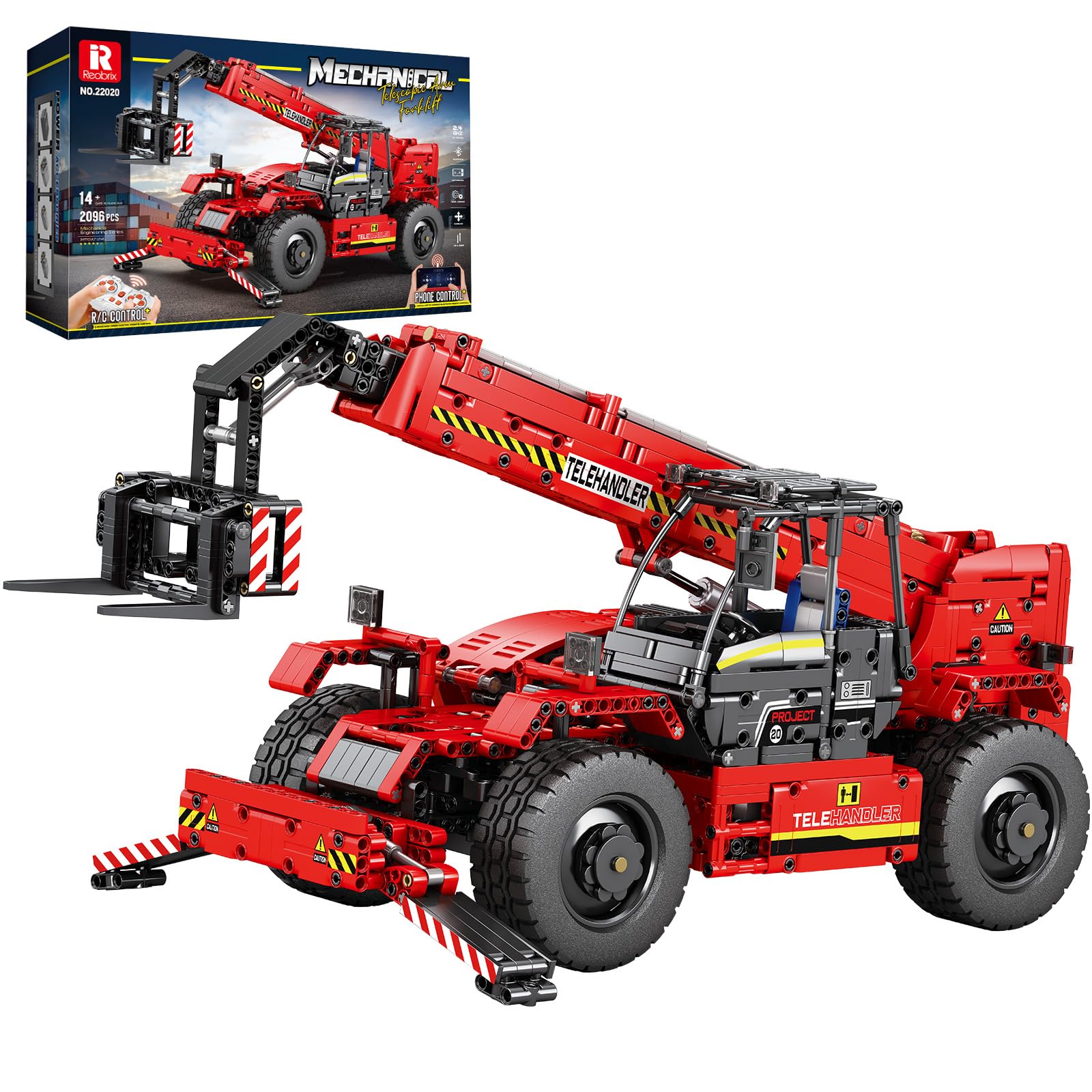 Reobrix RC Forklift Car Building Block Toy, APP/Remote Control Telescopic Arm Engineering Contruction Vehicle with Motorset, 22020 Technical Brick Truck Gift for Adult Child 14+ (2096Pcs) — image 1
