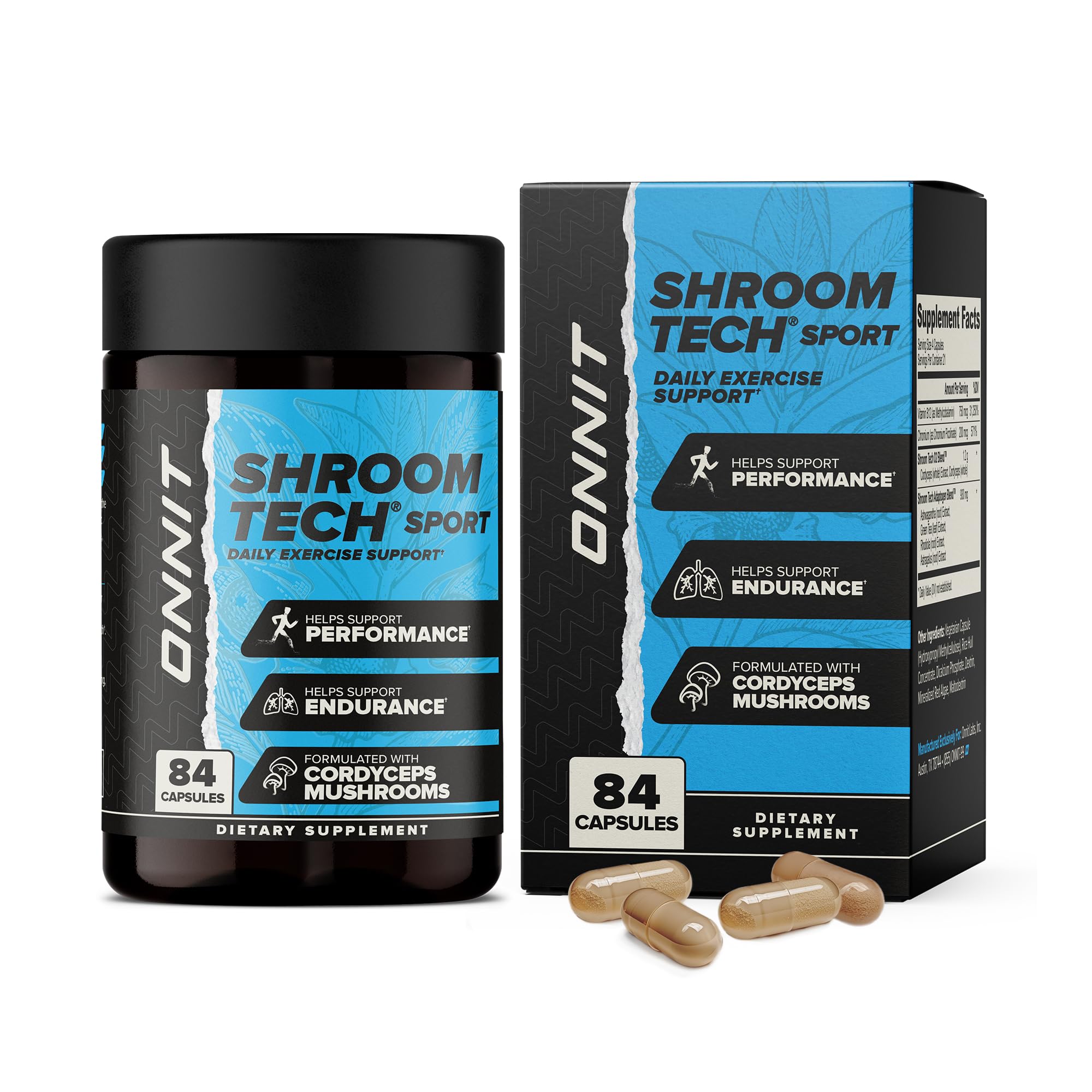 Cápsulas ONNIT Shroom Tech Sport para el ejercicio diario, suplemento pre-entrenamiento con hongos Cordyceps, suplemento dietético sin cafeína para el aporte energético diario, 84 unidades