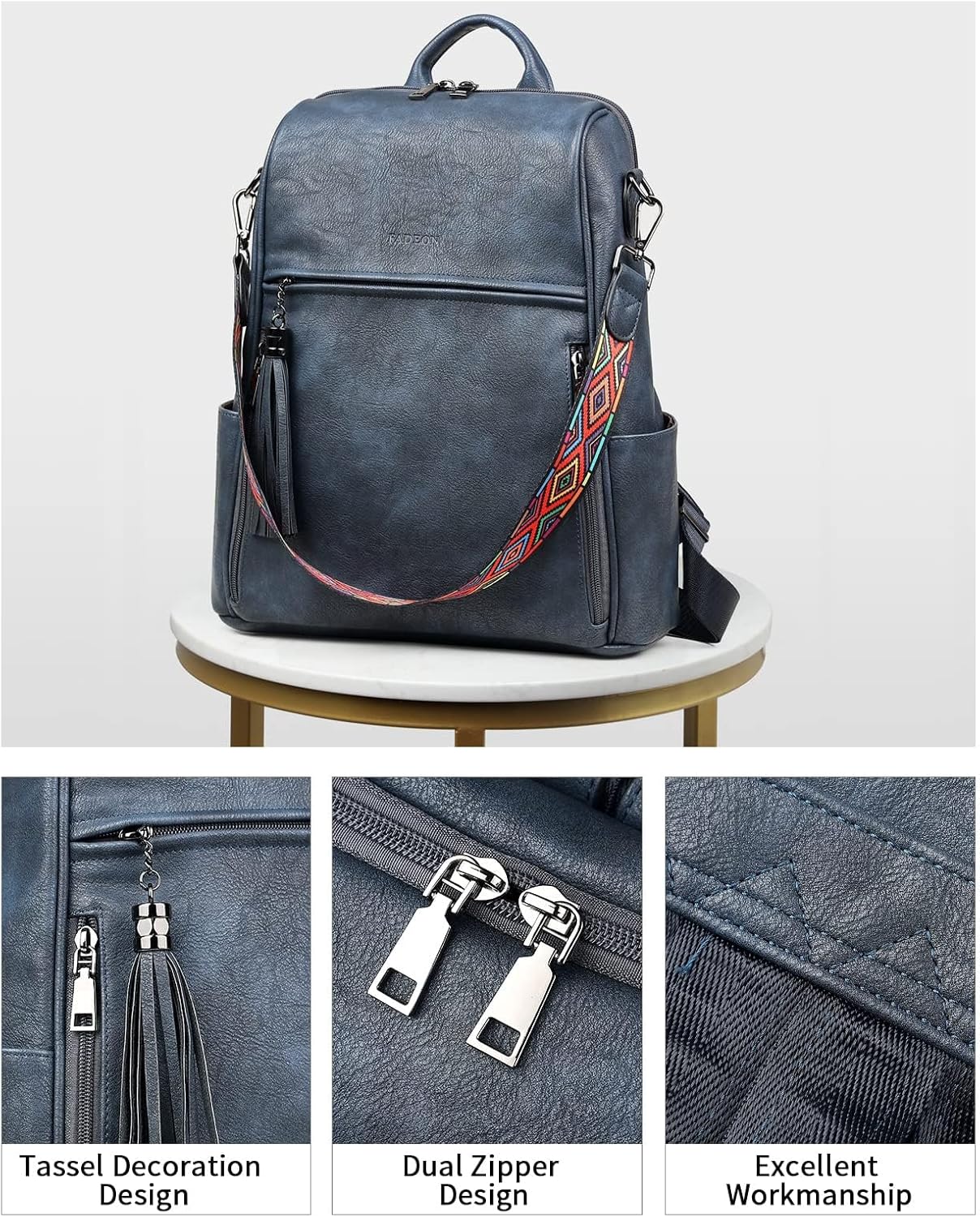 FADEON Leather Backpack Purse for Women Designer Travel Backpack Purses PU Fashion Ladies Shoulder Bag with Tassel - Image 4