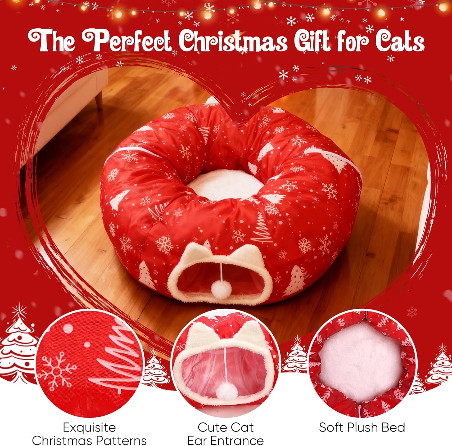 Gray & Red-Snowflake Pattern Cat Tunnel Bed