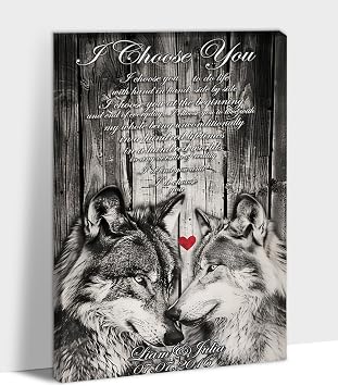 ANRUOXI Wolf Wall Art Canvas Framed - Name Customized Wolf Couple Pictures Wall Decor for Bedroom, Wolf Love Quote I Choose You Personalized Canvas Pictures Ready To Hang 12x18inches