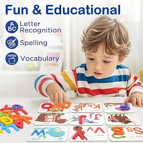 Miniatura 5 de BenBen Tarjetas didácticas del alfabeto, 52 letras de madera en mayúsculas y minúsculas, 26 tarjetas didácticas, juguetes de aprendizaje Montessori