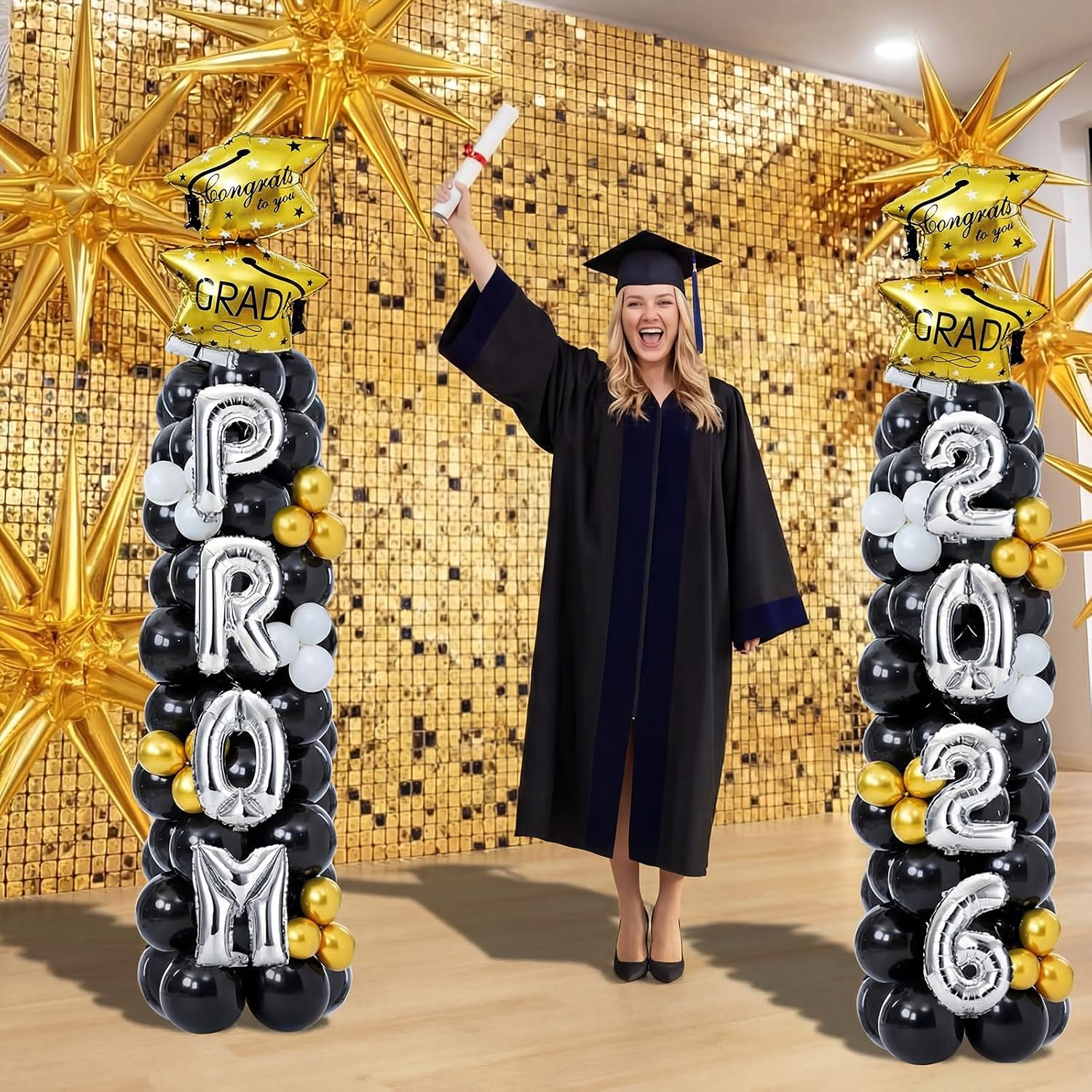 Hungdao 2 Set Prom 2026 Balloon Column Stand Kits with 174 Balloons 6.6ft Black Gold Balloon Tower Stand Kit with Base 2026 Graduation Adjustable Decorations for Grad Party Decor Supplies