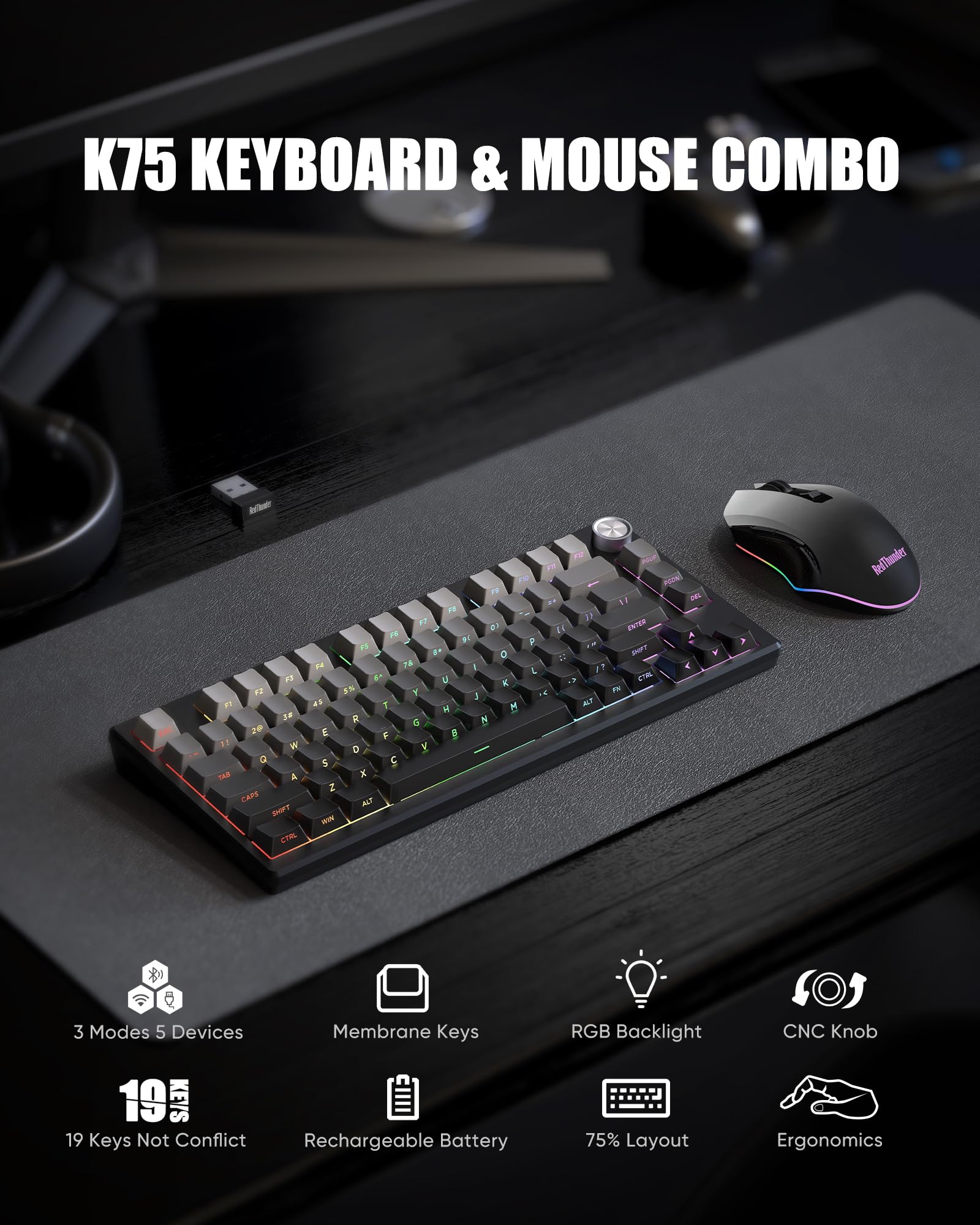 RedThunder K75 75% Wireless Membrane Keyboard and Mouse,3-Mode 2.4G/BT/USB-C,US Layout Side-Engraved,Volume Knob,TKL Ultra Compact Design,Optical Gaming Mouse with 4800DPI for PC Mac (Gradient Gray) - 3
