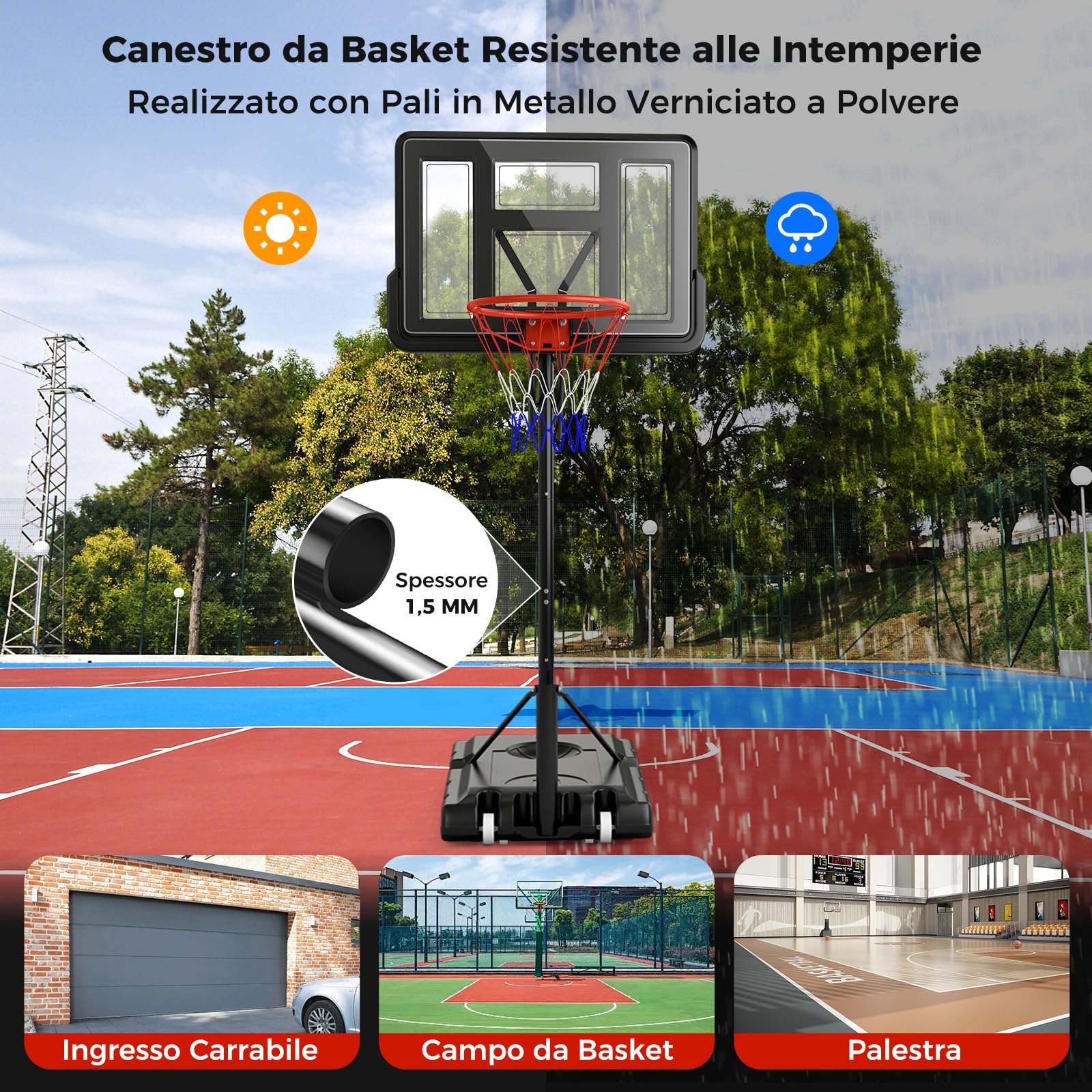 COSTWAY Canestro da Basket da Esterno ed Interno Professionale, Canestro da Basket Regolabile in Altezza 3-3,7 cm e Portatile con Tabellone Infrangibile, Base Robusta e Ruote