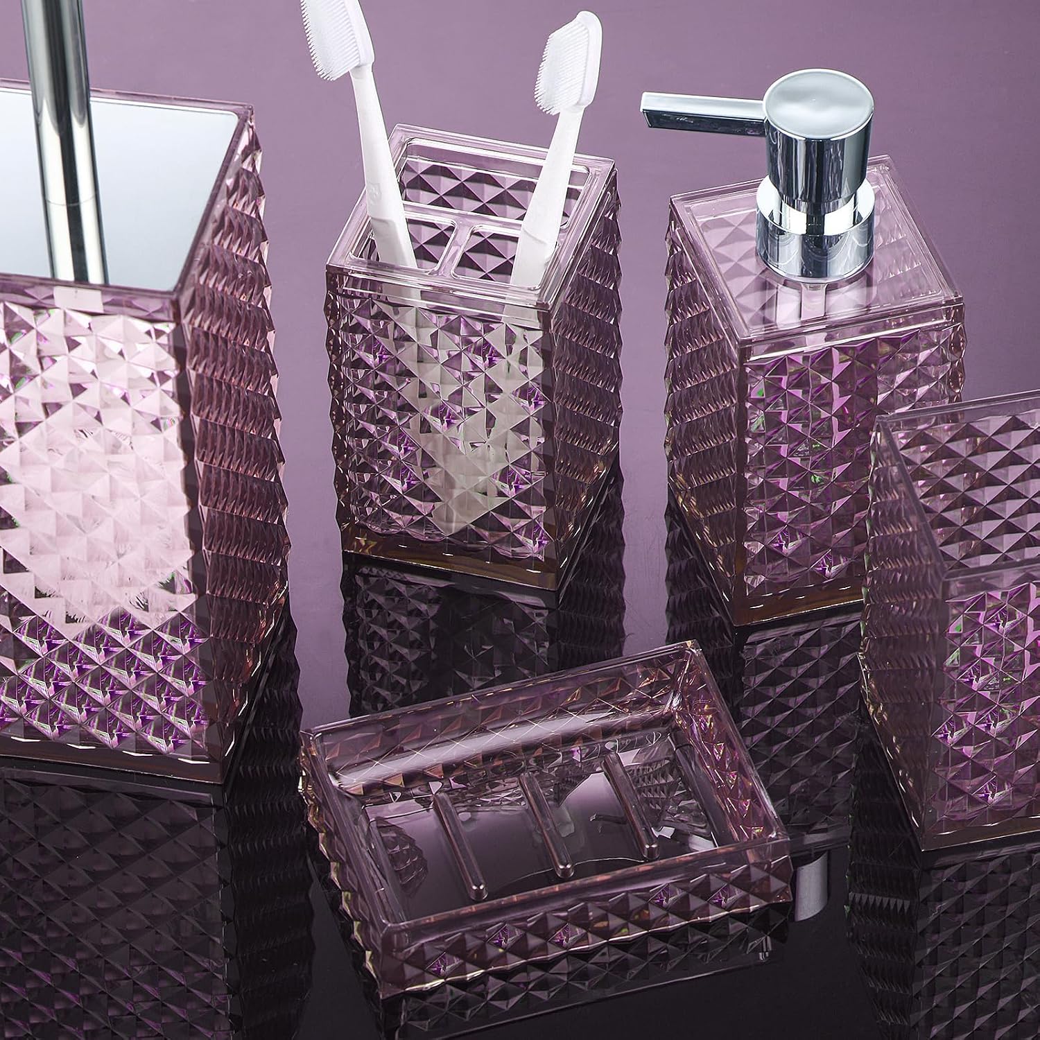 6 Piece Mauve Bathroom Accessories Set - High-Clarity Shatterproof Acrylic - Includes Soap Dispenser, Toothbrush Holder, Tumbler Cup, Soap Dish, & Toilet Brush with Holder - Modern Bath Decor